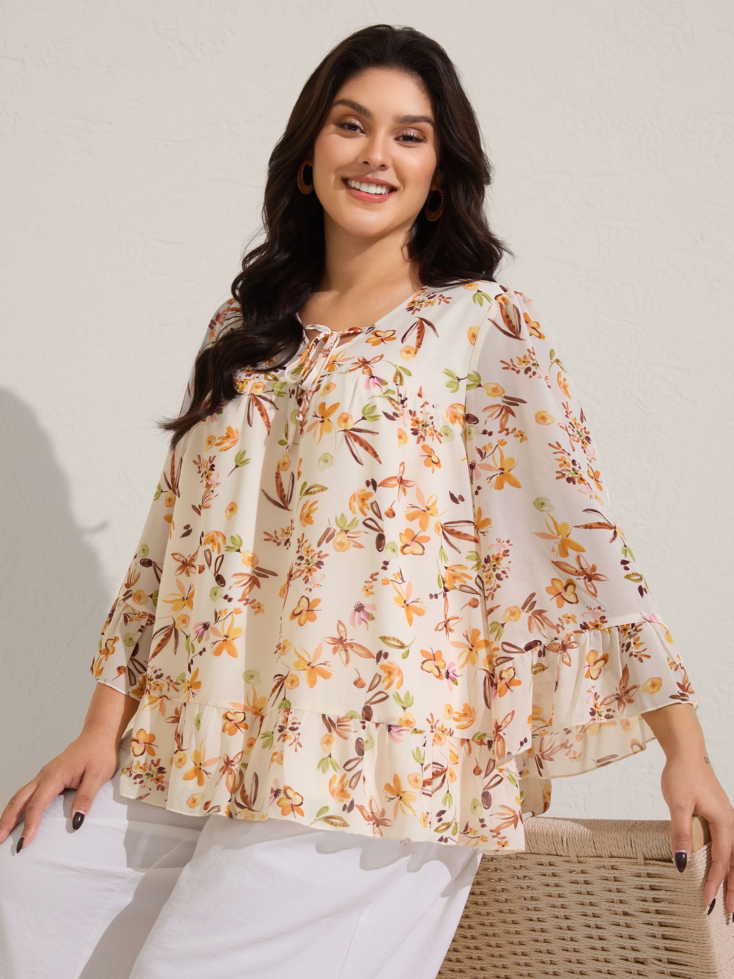 Floral Chiffon Ruffled Tie Blouse