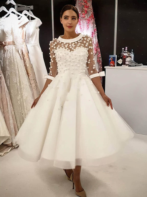 Gorgeous Half Sleeves Tulle Tea-Length Wedding Dresses with Flowers