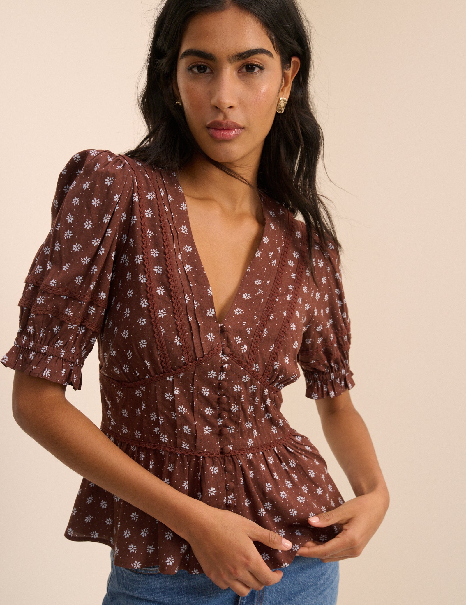 Brown Ditsy Floral Puff Sleeve Seren Blouse