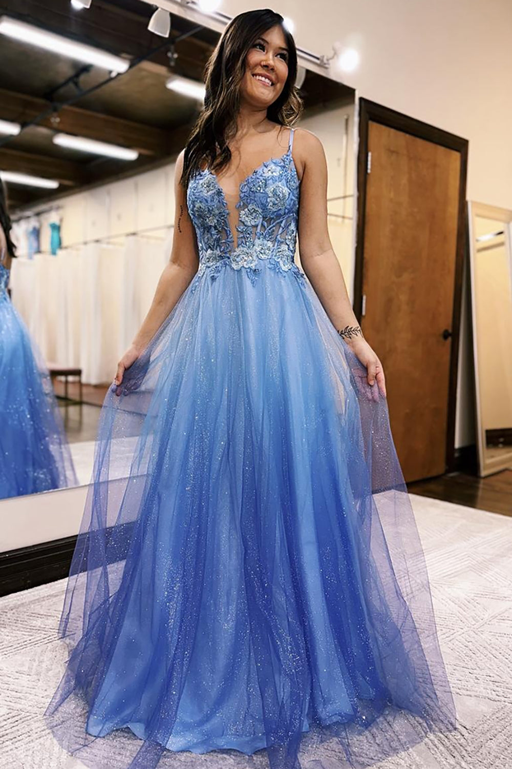 Long A-Line Corset Prom Dress in Blue with Tulle and Spaghetti Straps Featuring Appliques
