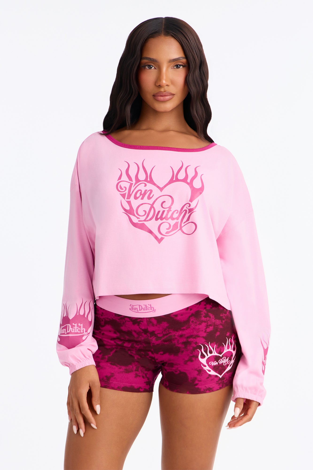 Von Dutch Flame Heart Off Shoulder PJ Short Set - Pink/Pink