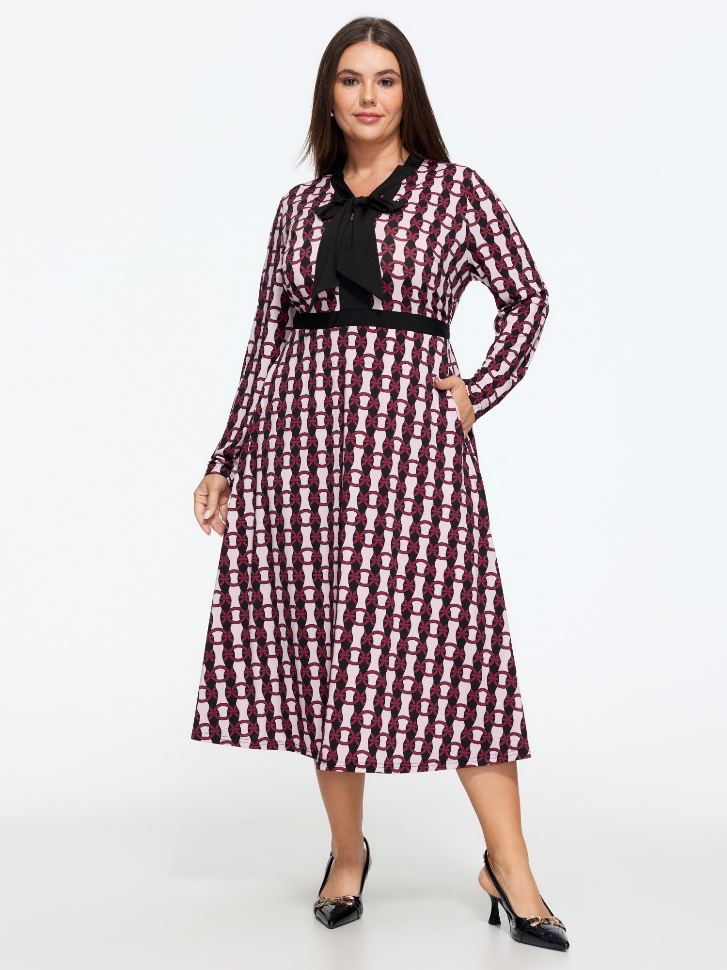 Geometric Print Bow Tie Neck Midi Dress
