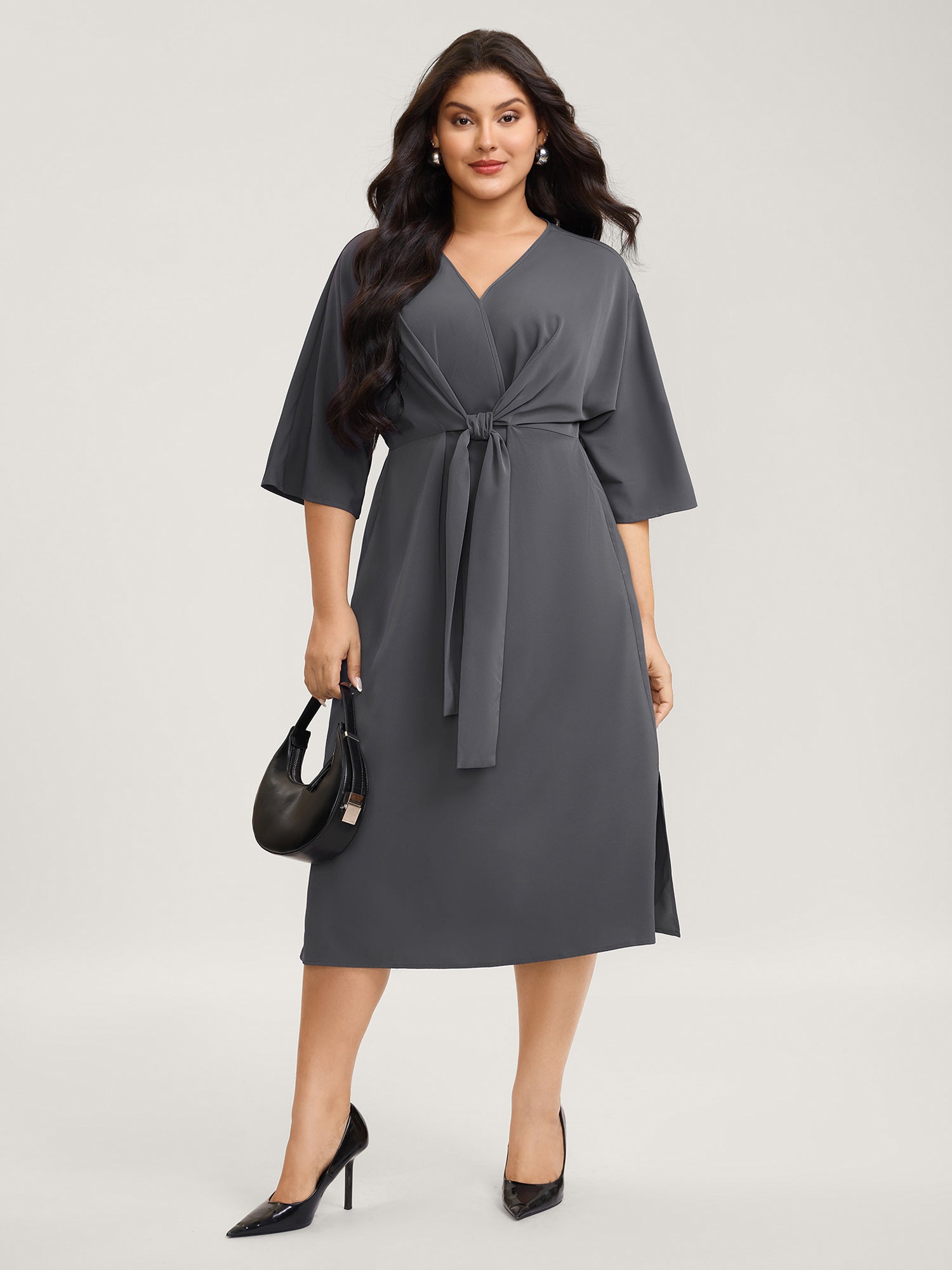 Belt Knotted-Front Waist-Cinching Midi Dress