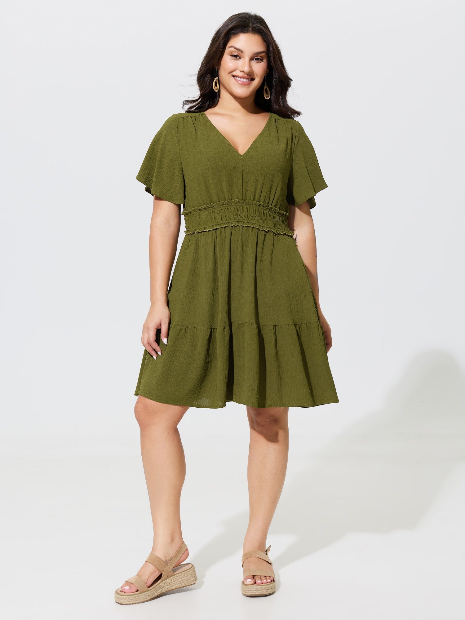 V‑Neck Shirred Waist Ruffle Tiered Mini Dress