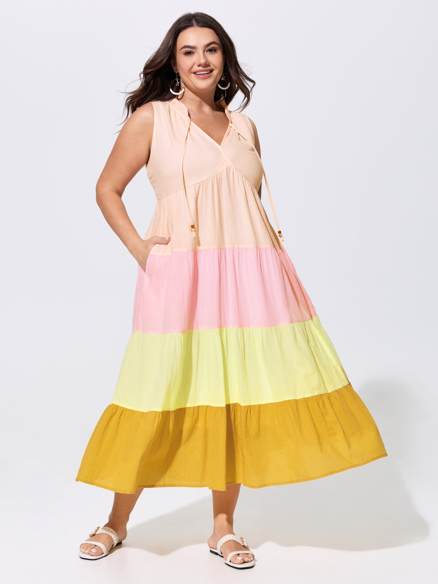 Cotton Colorblock Tiered V-Neck Maxi Dress