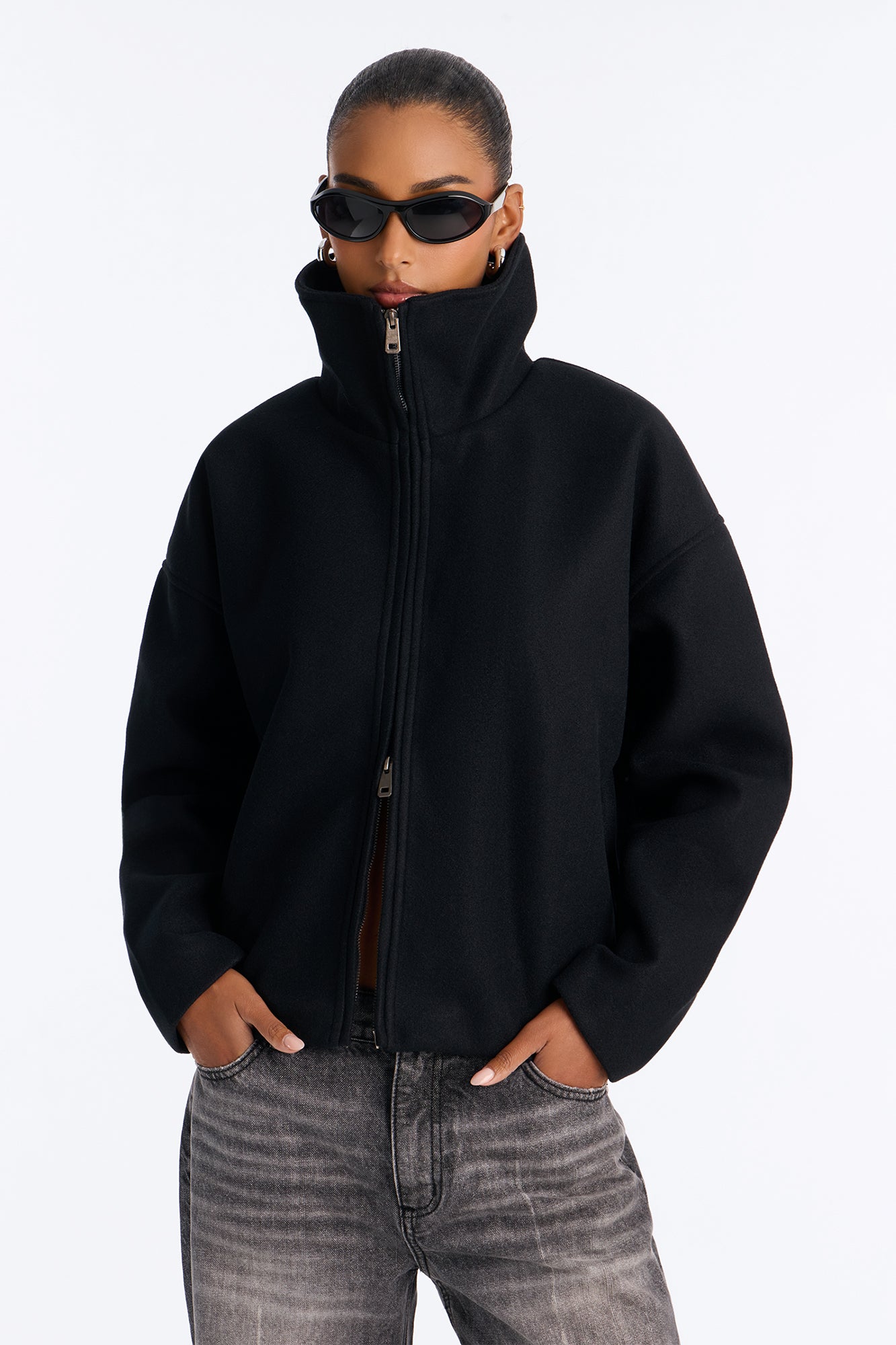 Nikki Funnel Neck Full Zip Short Coat - Black