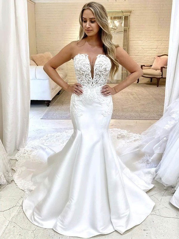 Elegant Trumpet V-Neck Satin Chapel Train Wedding Dresses