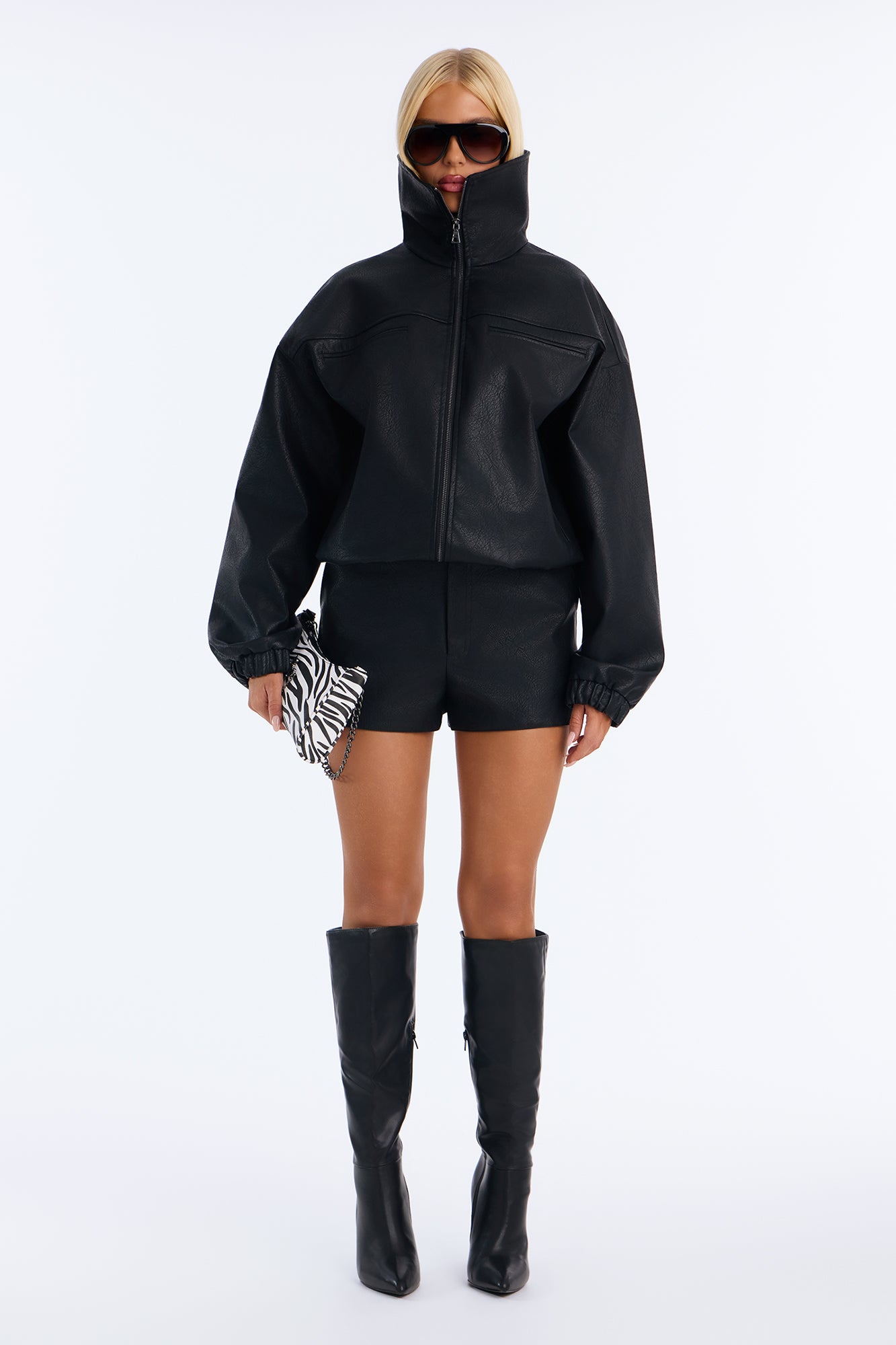 Ayana Funnel Neck Faux Leather Short Set - Black