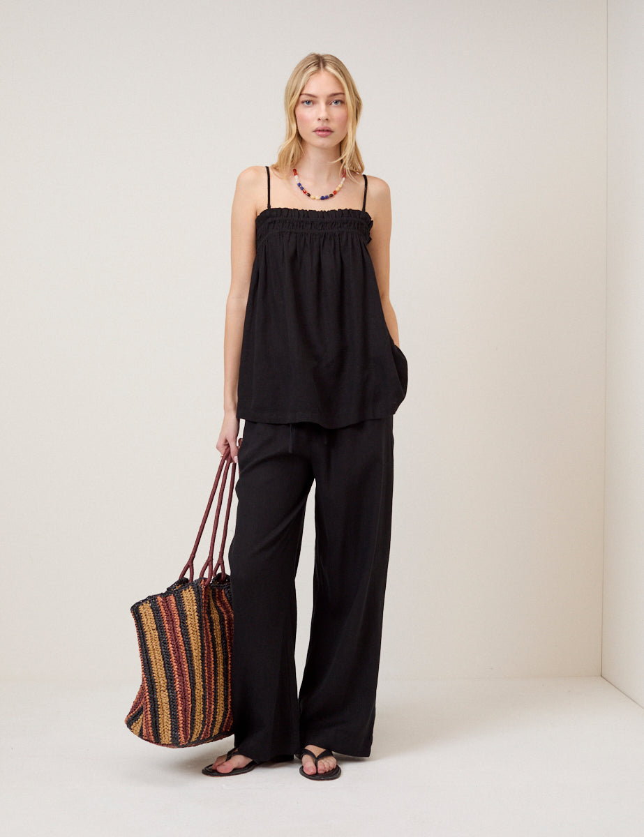 Black Linen-Rich Ruched Bandeau Top