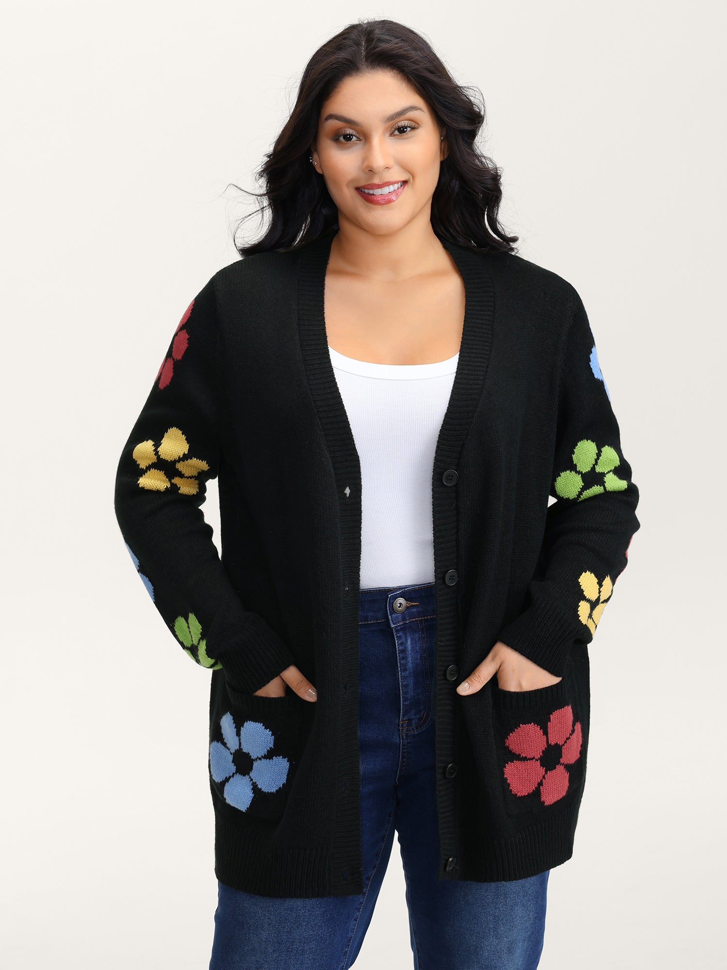 Colorful Floral Pattern Button Knit Cardigan