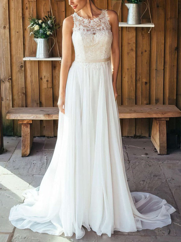 Elegant A-Line Sleeveless Chiffon Lace Sweep Train Wedding Dresses with Sash
