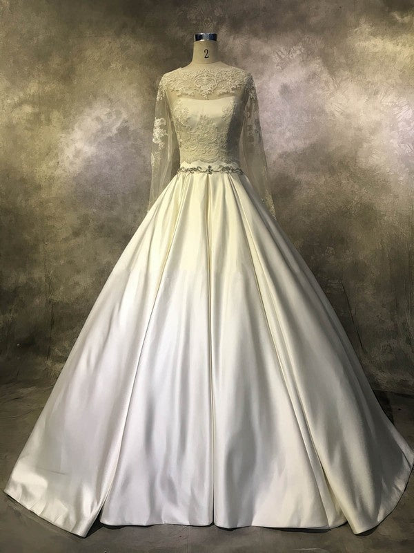 Stunning Jewel Long Sleeves Lace Satin Court Train Ball Gown Wedding Dresses