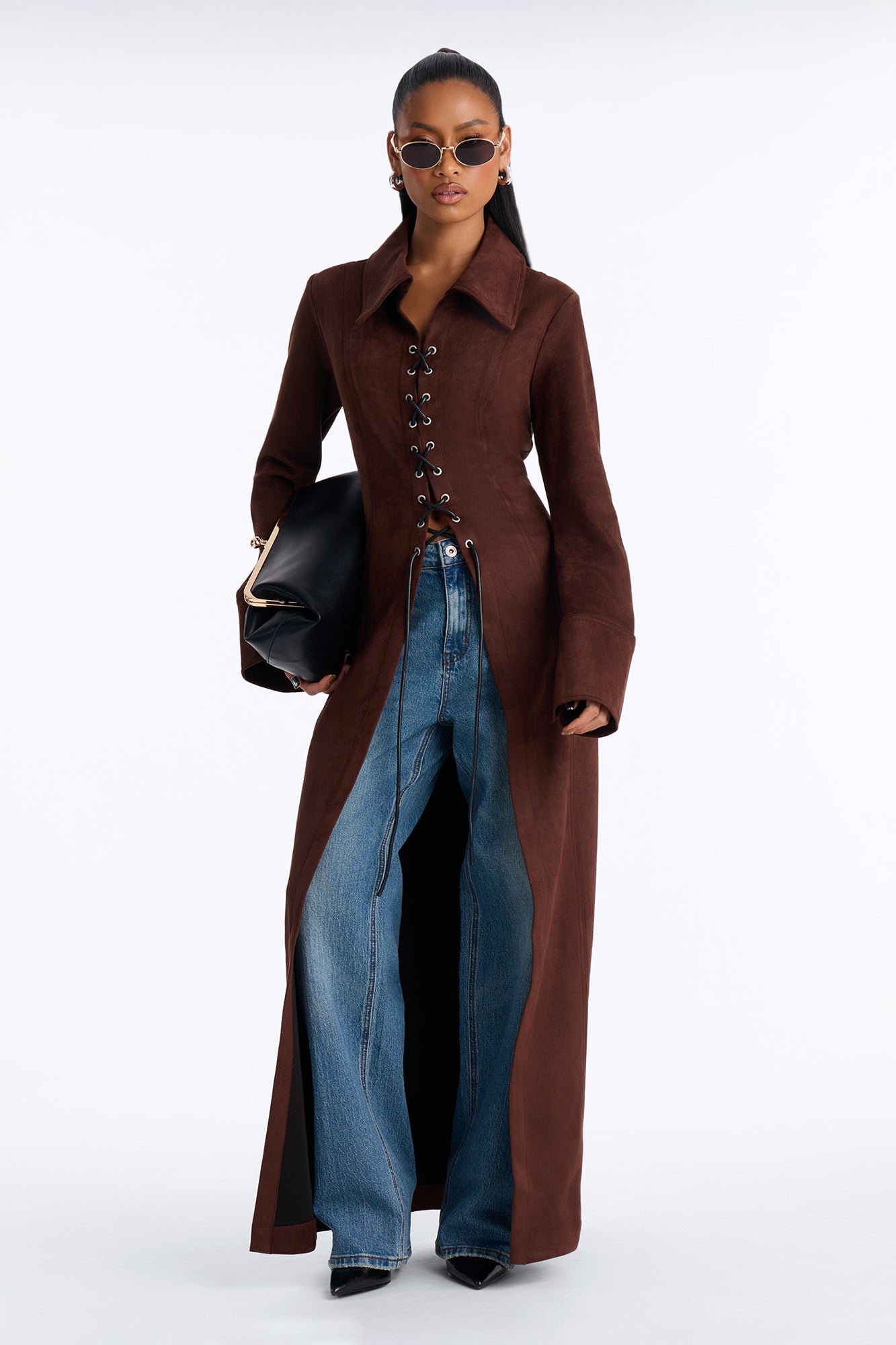 Showstopper Lace Up Faux Suede Maxi Coat - Chocolate