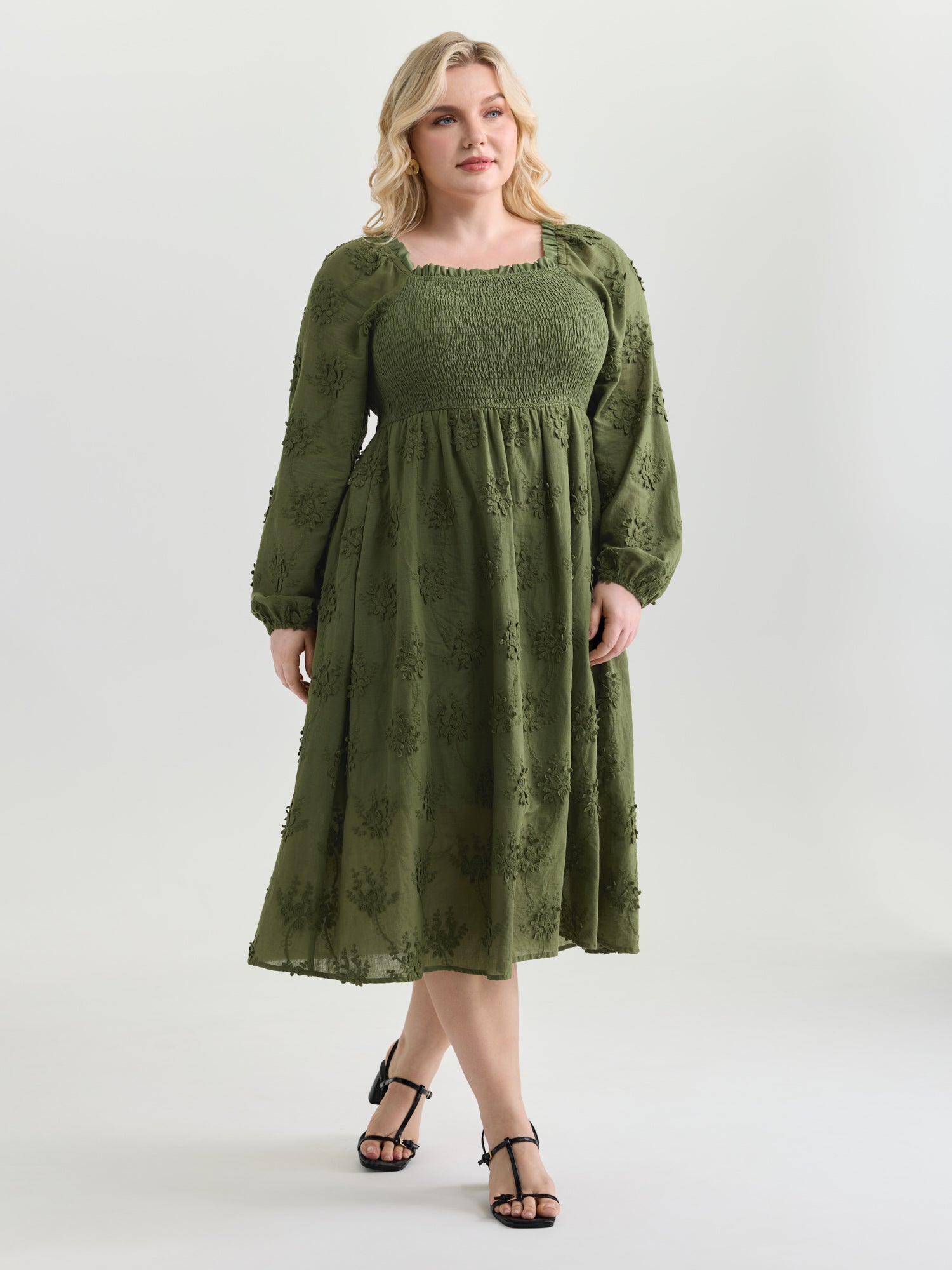 Textured Embroidery Shirred Square Neckline Midi Dress