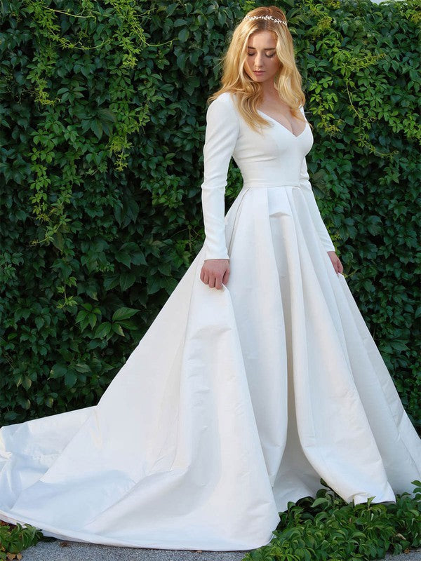 Trendy Long Sleeves V-Neck Satin Court Train A-Line Wedding Dresses