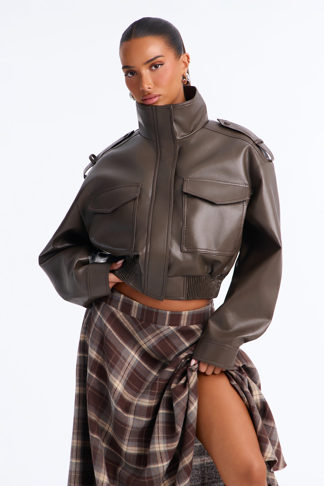 Midnight Moves Faux Leather Bomber Jacket - Olive