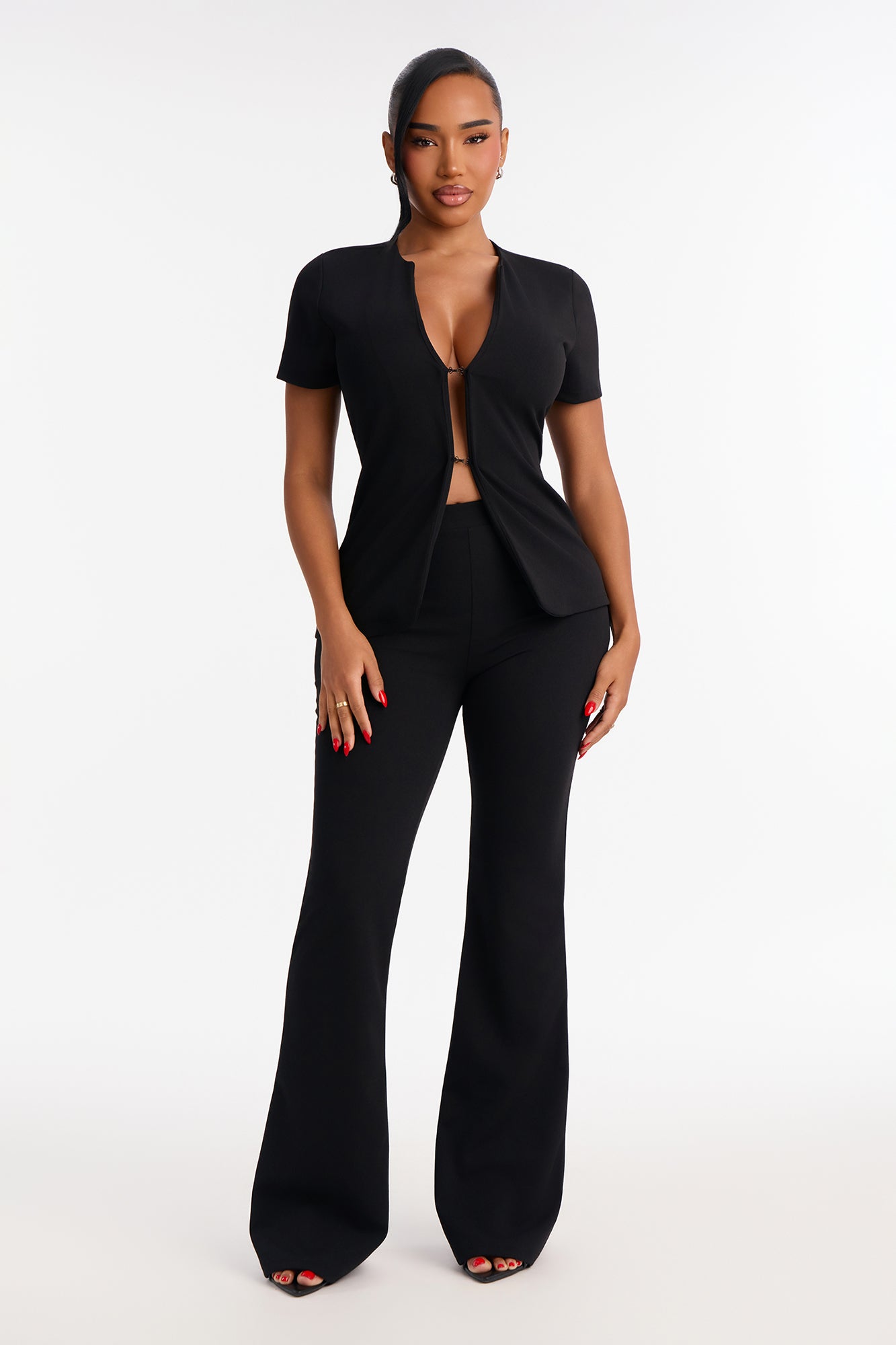 Camille Crepe Knit Flare Pant Set - Black