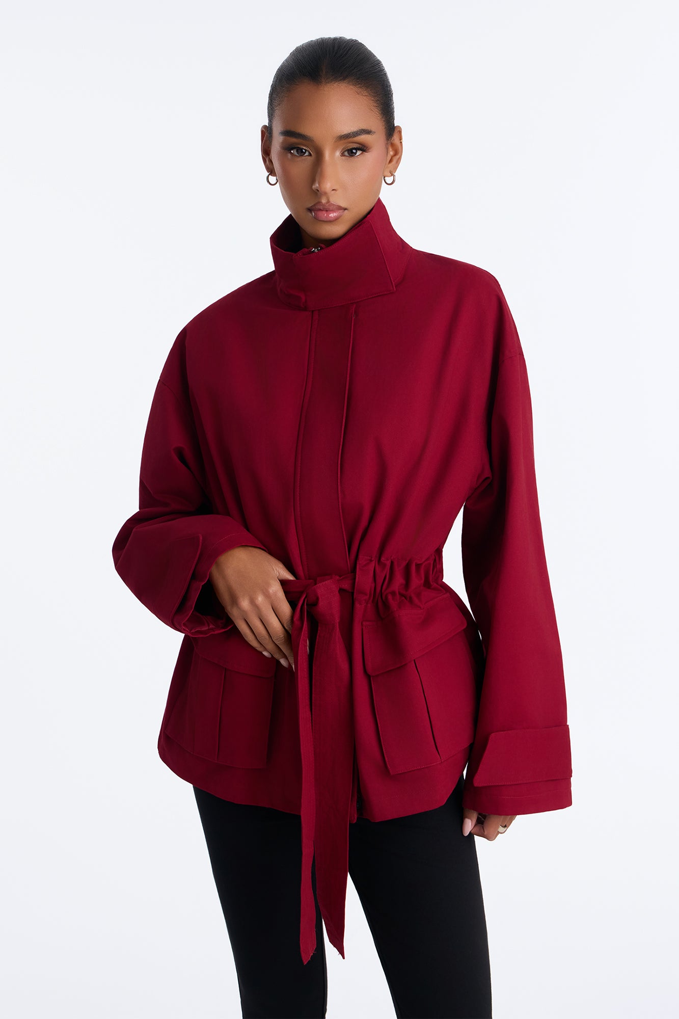 Keeping It Classy Belted Funnel Neck Anorak Jacket - Red