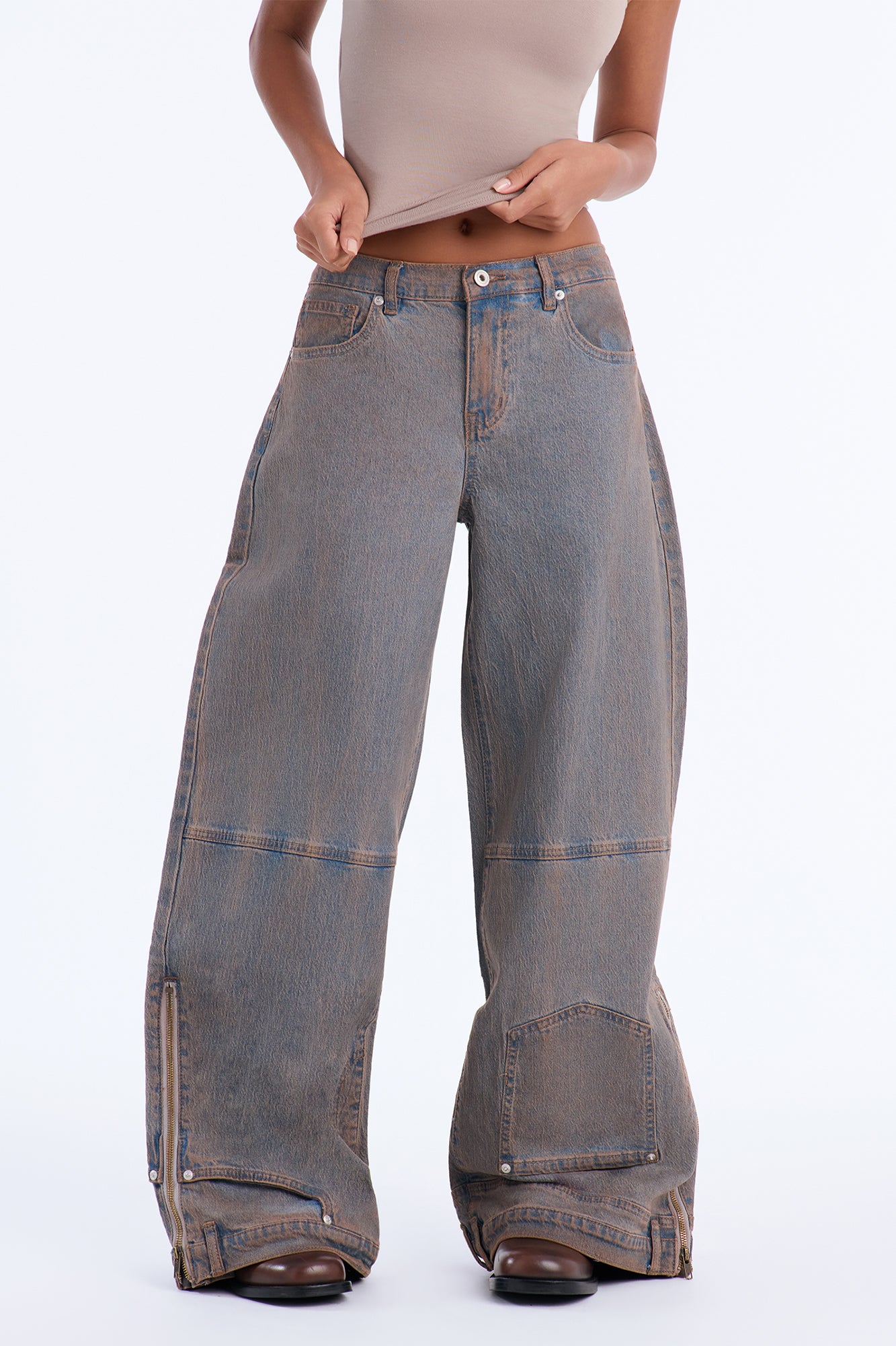 Local Station Upside Down Zipper Wide Leg Jeans - Vintage Wash