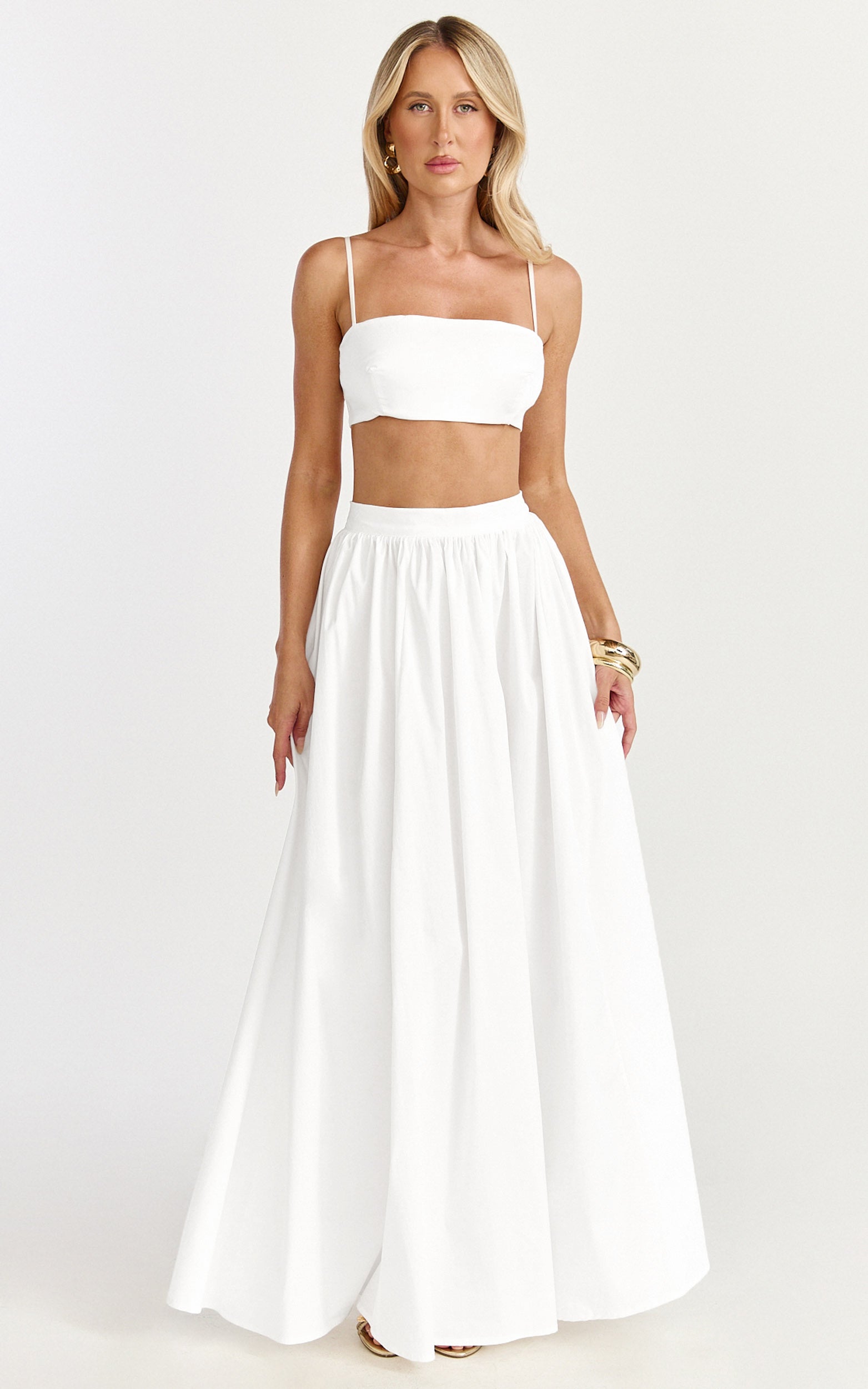 Tegan Two Piece Set - Straight Neck Micro Crop Top and A Line Maxi Skirt Set in White
