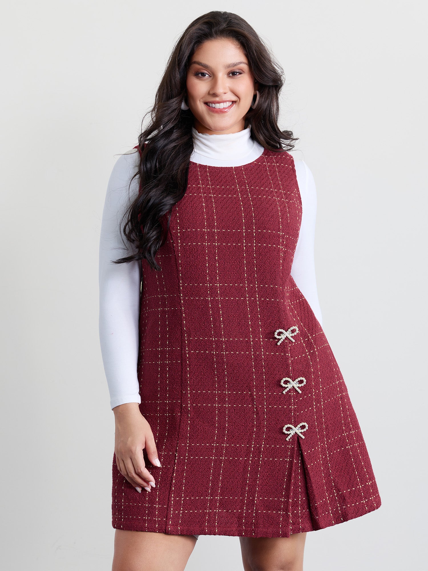 Plaid Tweed Round Neck Pearl Bow Decor Mini Dress