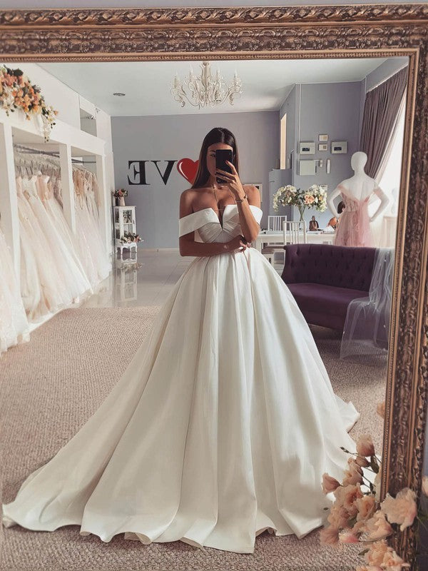 Stylish Off-The-Shoulder V-Neck Satin Ball Gown Wedding Dresses with Sweep Train