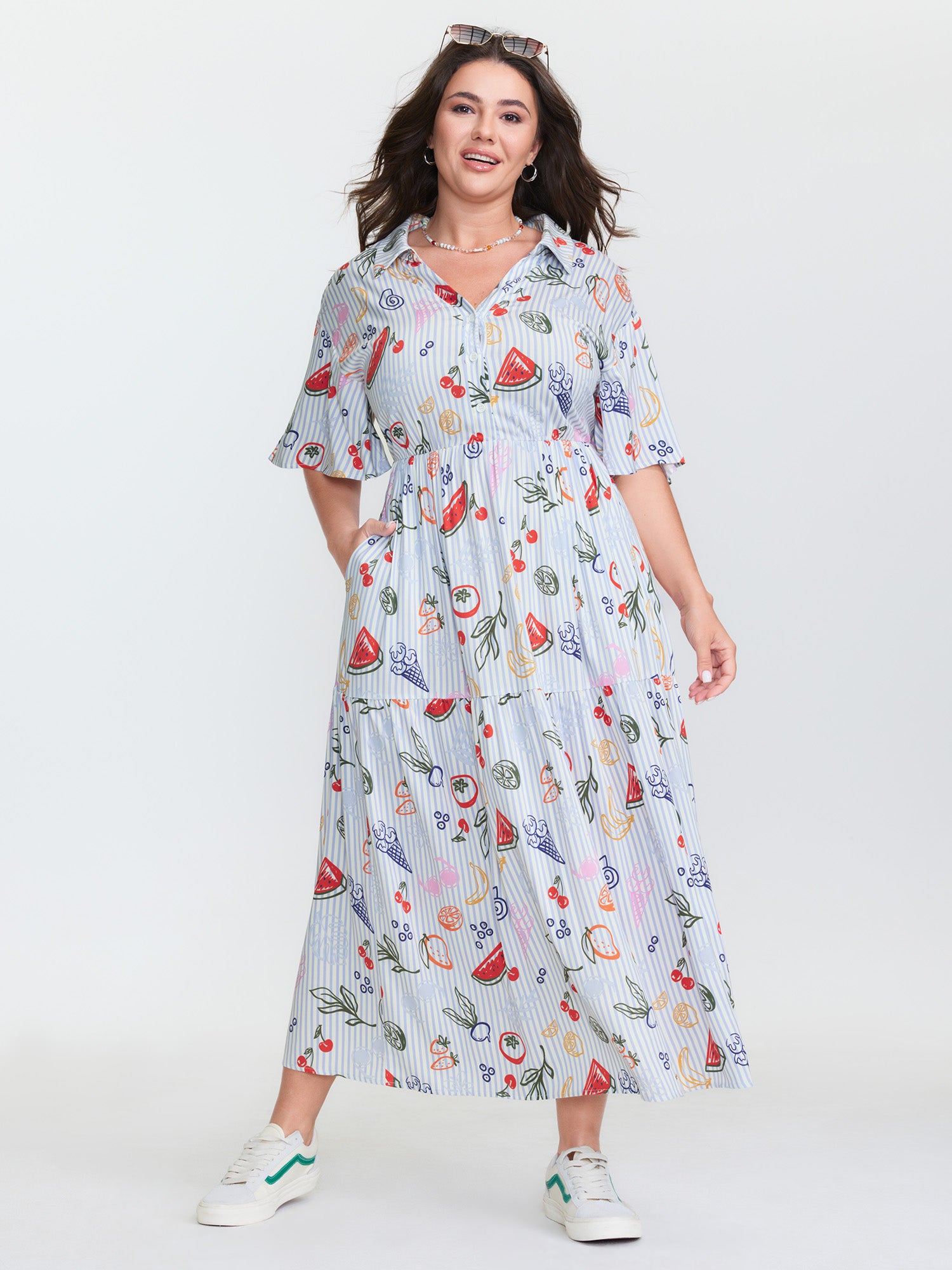 Supersoft Fruity Print Collar Tiered Maxi Dress