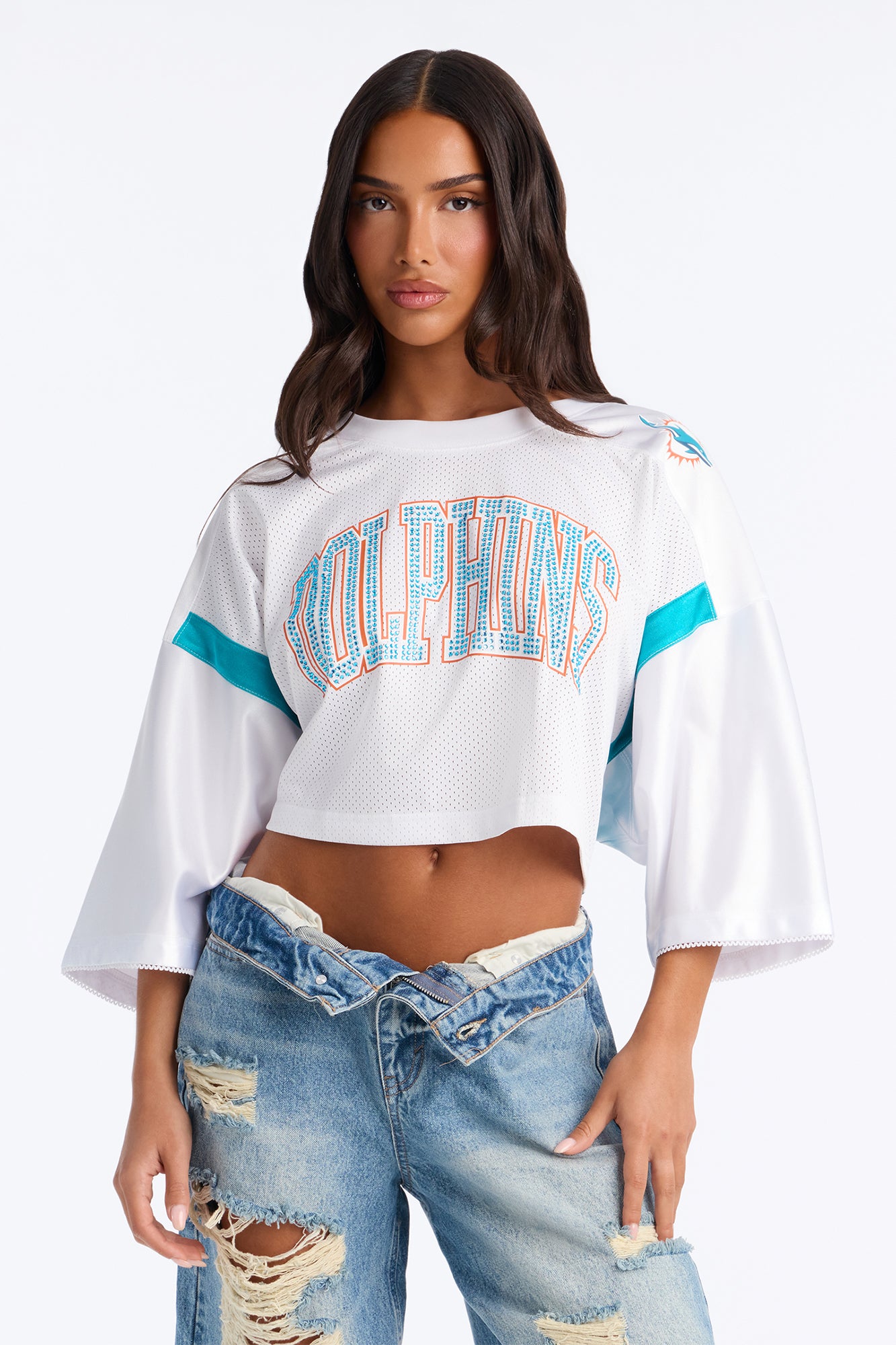 NFL Miami Dolphins Rhinestone Cropped Top - White