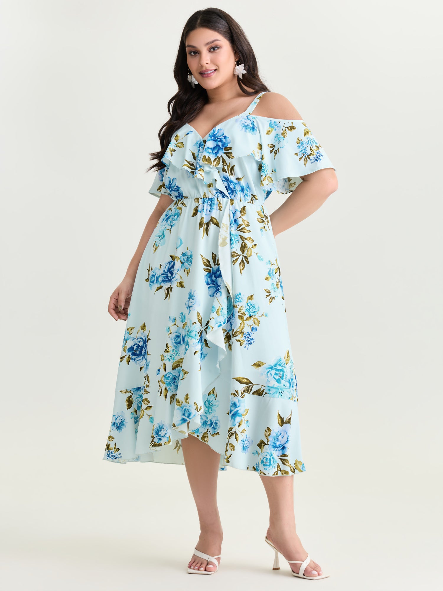 Floral Print Ruffled Cold-Shoulder Midi Dress