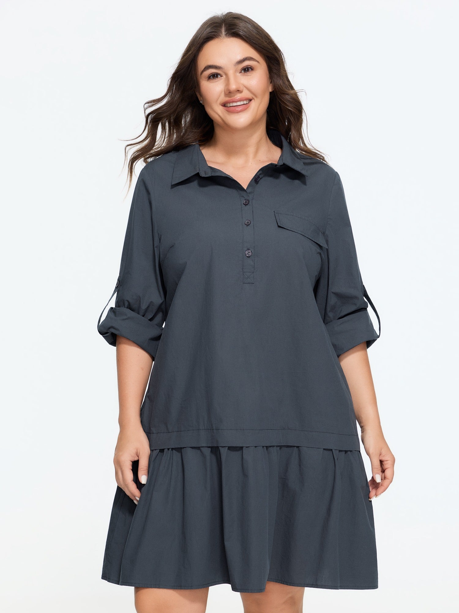 Cotton Half Button Tiered Ruffle Hem Shirt Dress