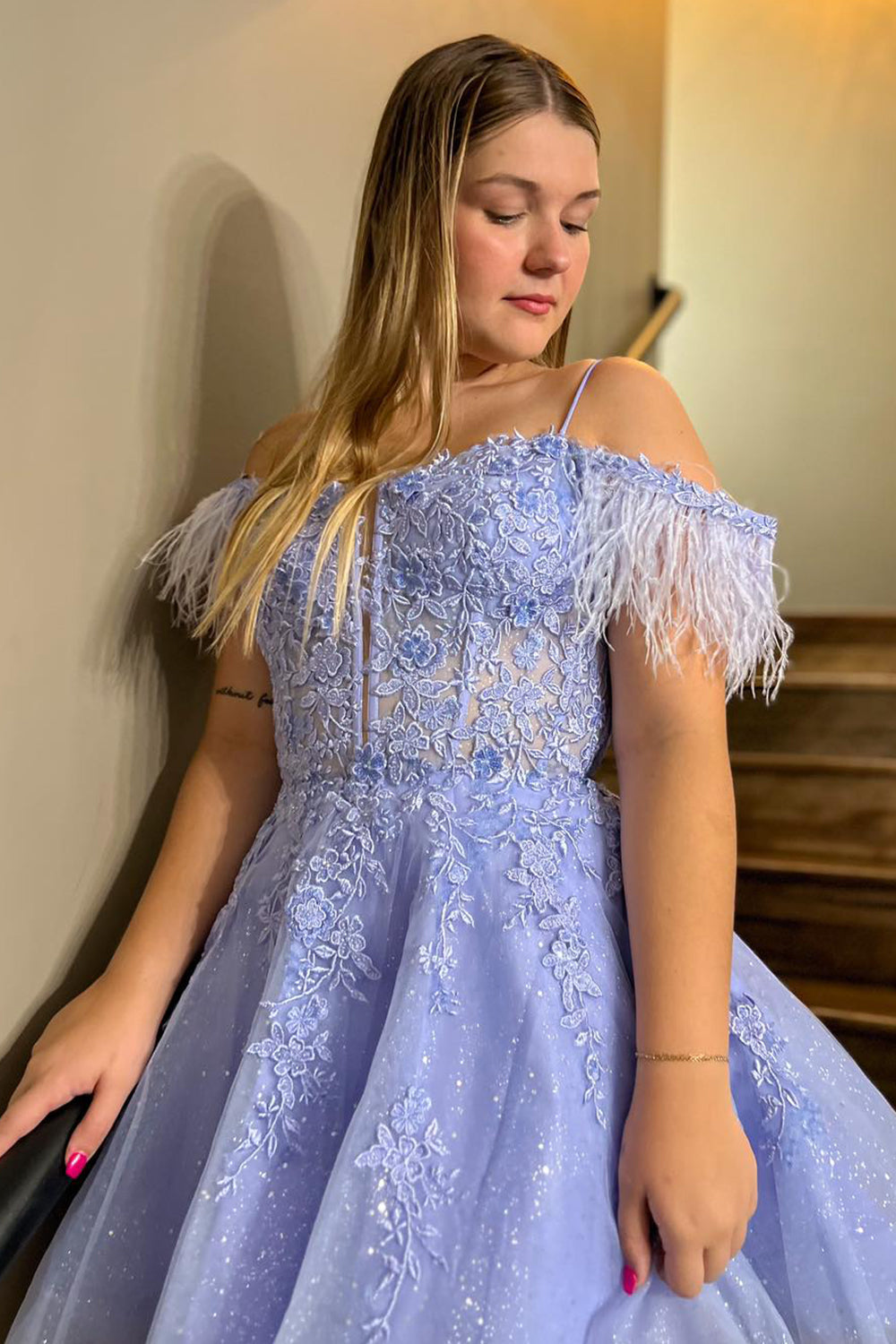 Sparkly Lavender Corset A-Line Lace Short Homecoming Dress/Mini Dress With Feathered Detachable Sleeves