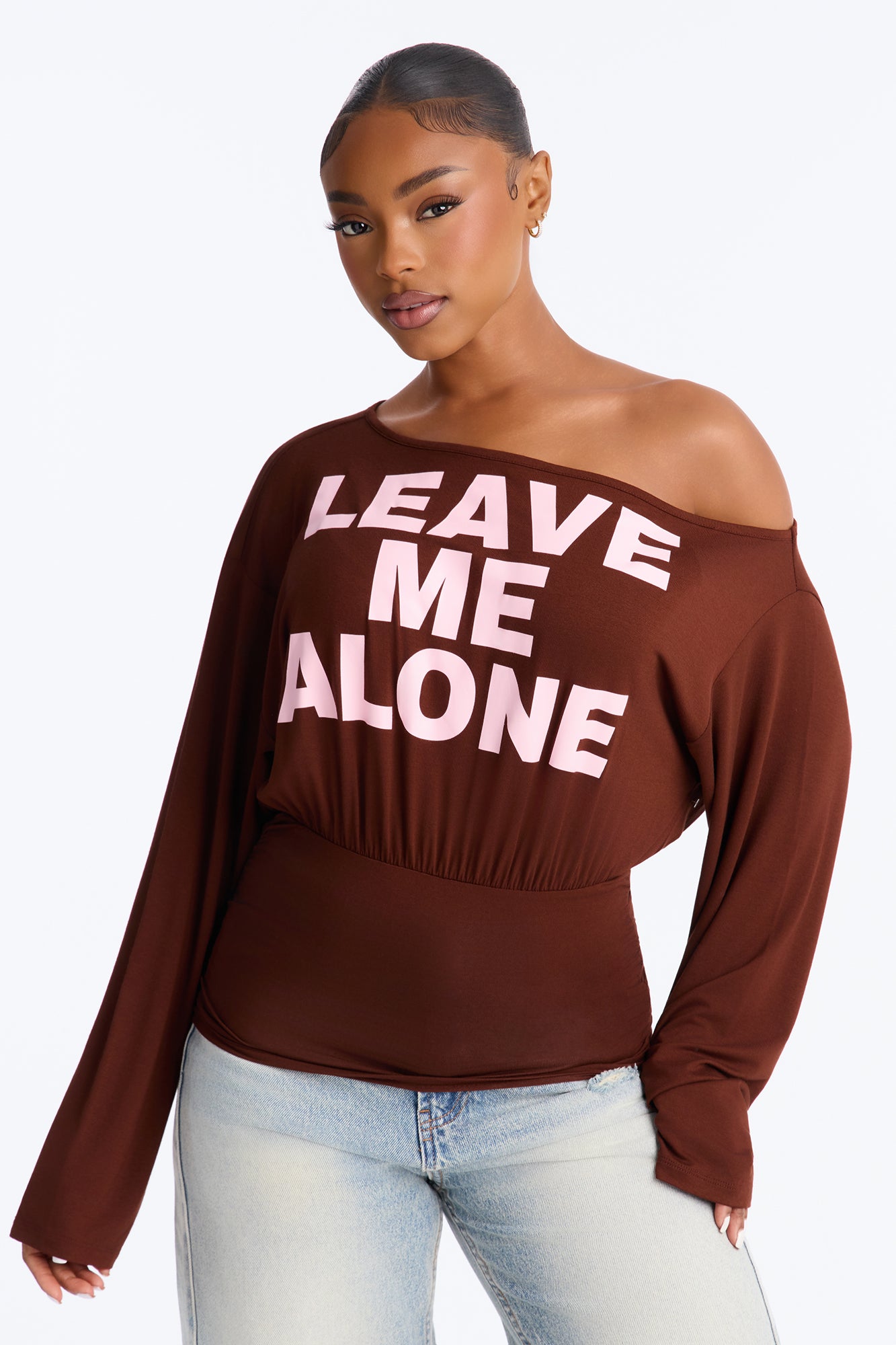 Leave Me Alone Fitted Off Shoulder Tee - Brown