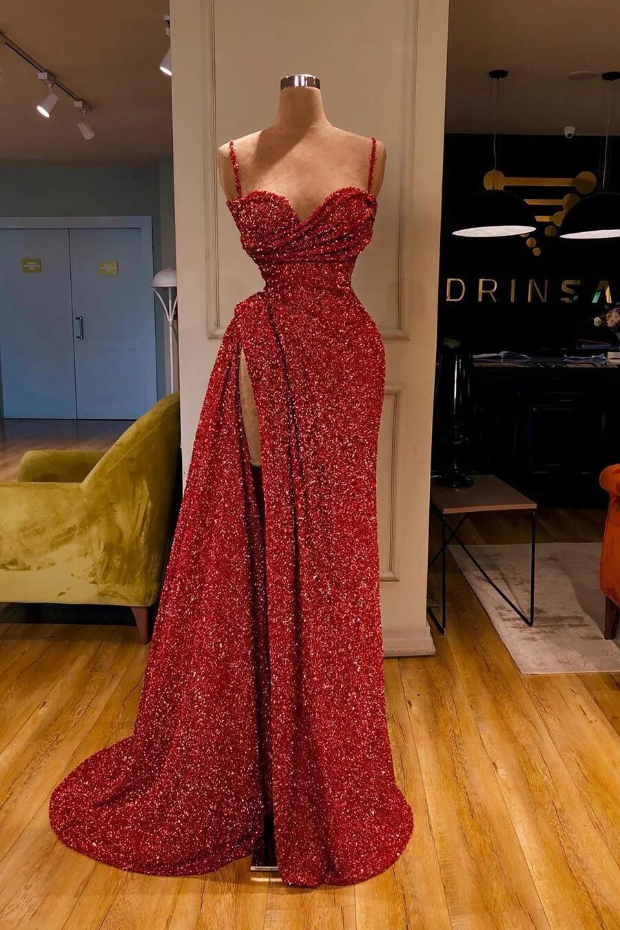 Burgundy Spaghetti-Straps Sleeveless Long Sequins Evening Dress With Split