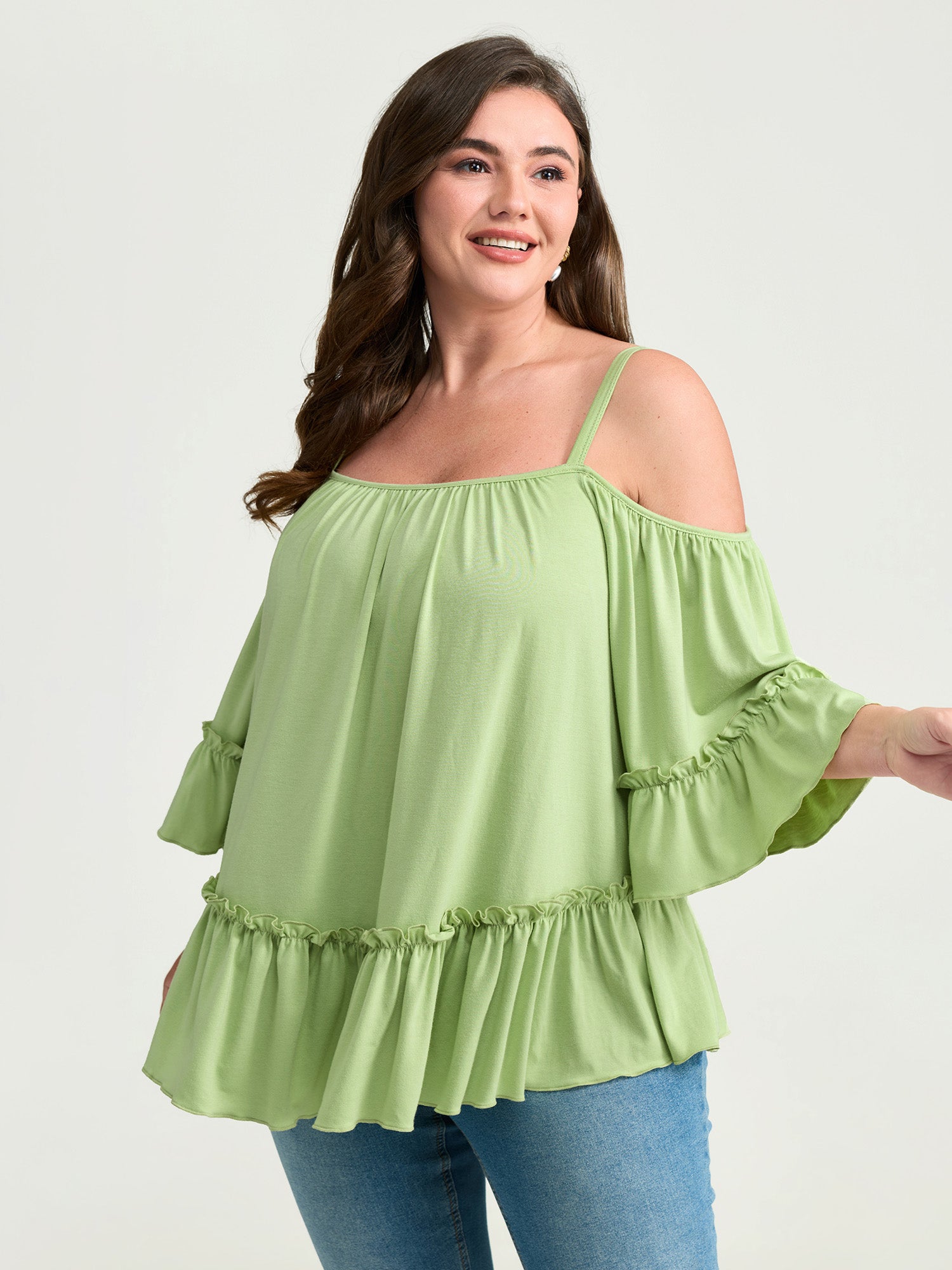 Ruffled Cut-Out Shoulder Flared Sleeve Top