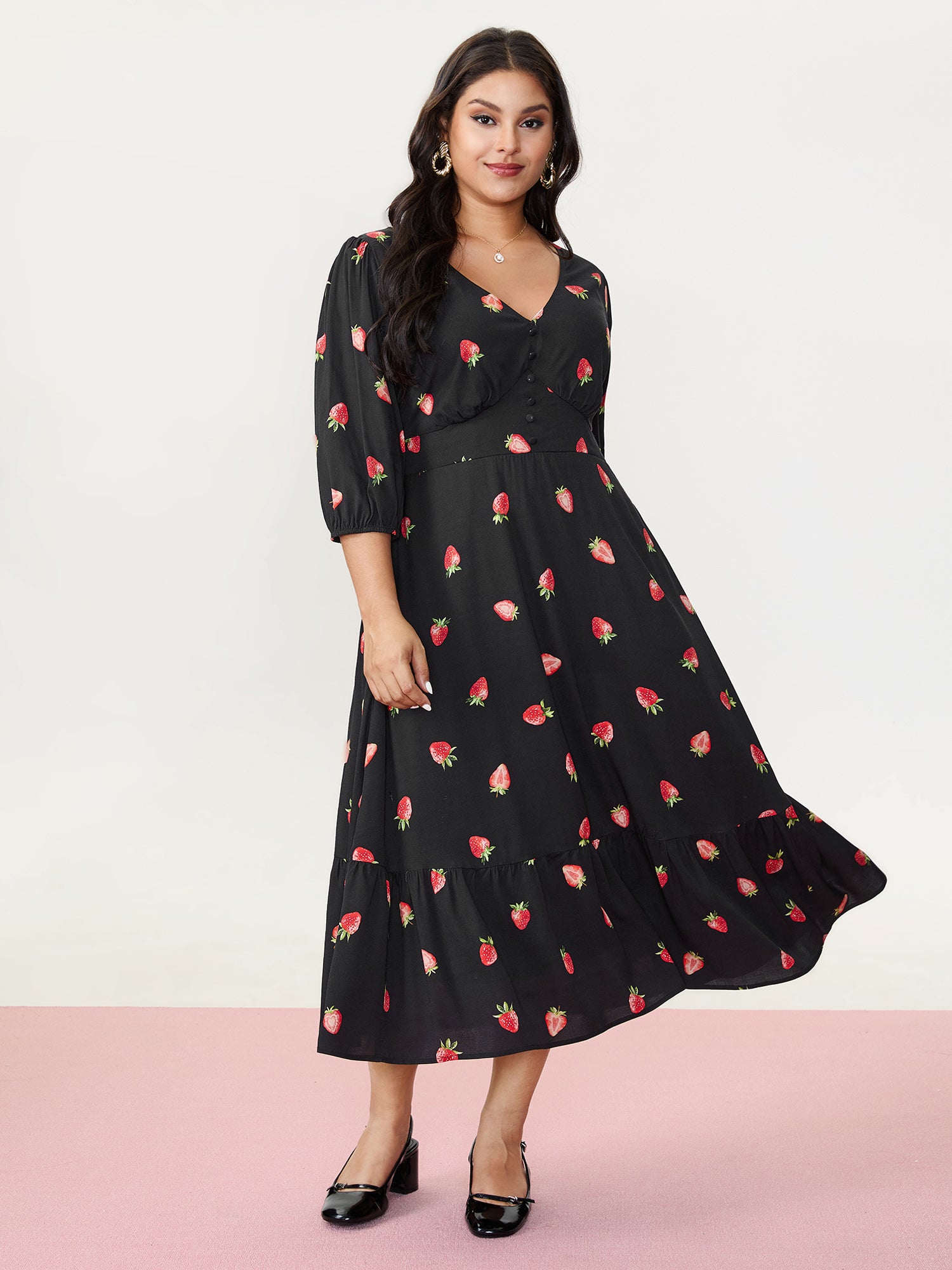Strawberry Print Shirred Waist Midi Dress