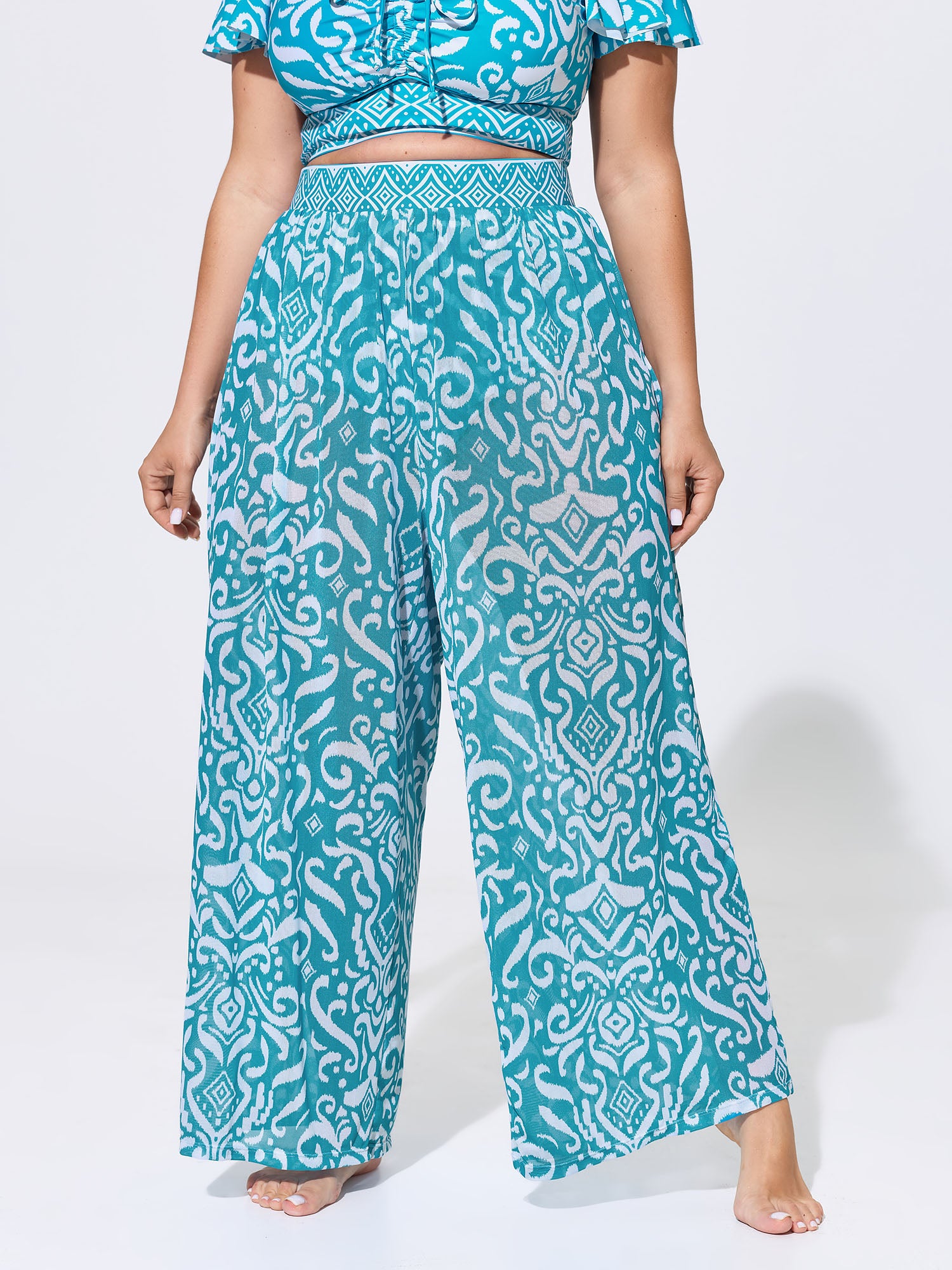 Sarong Set Ikat Print Sheer Ruched Swim Bottoms