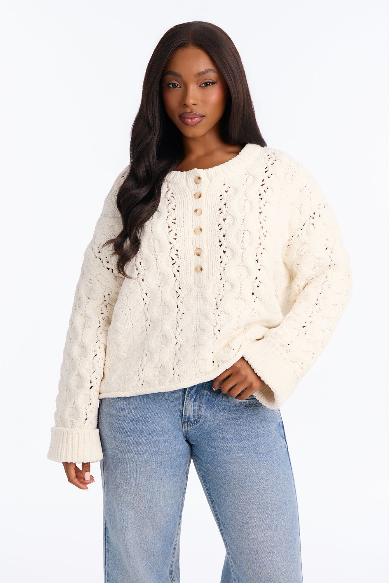 Crystal Horizon Chunky Cable Knit Sweater - Ivory