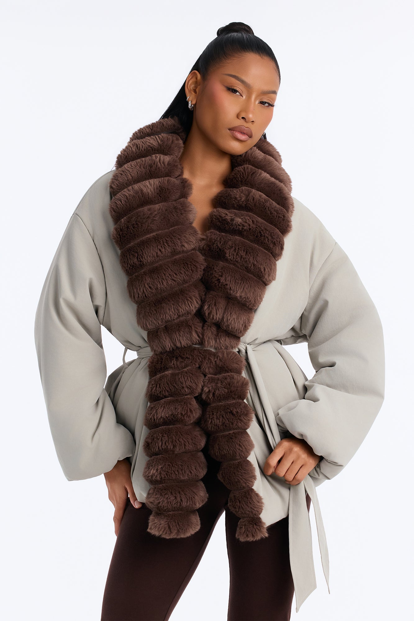Caitlyn Fur Trim Belted Puffer Coat - Olive/combo