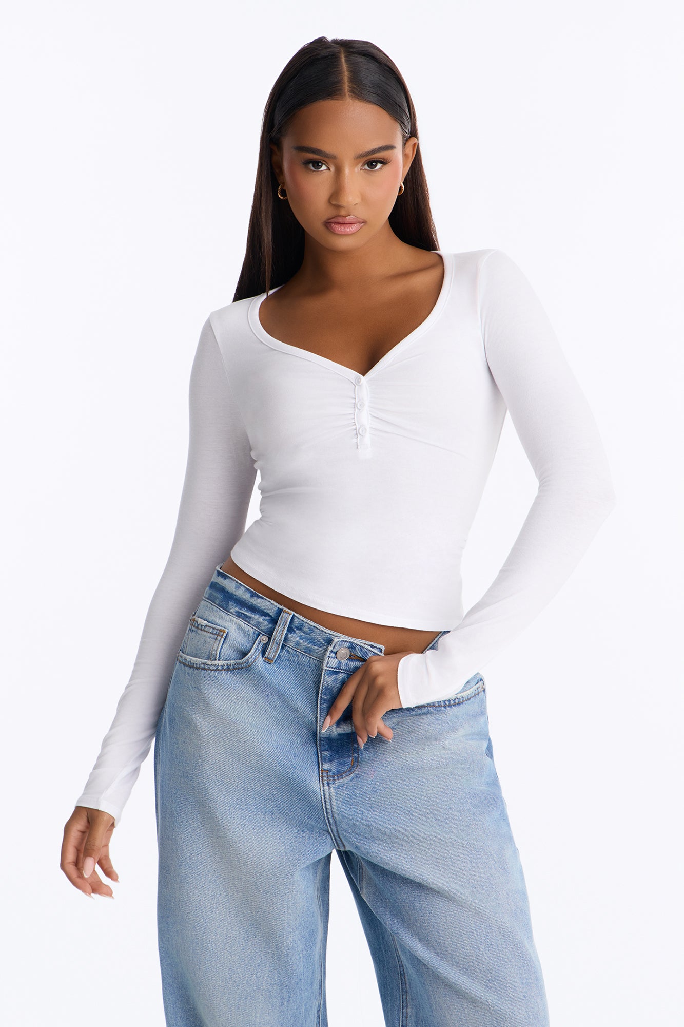 Harper Ruched Bust Henley Top - White
