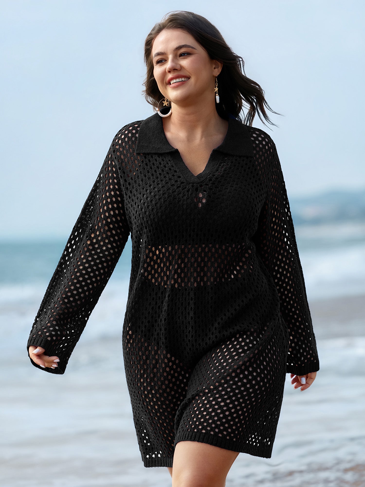 Cut-Out Sheer Collar Swim Cover-Up