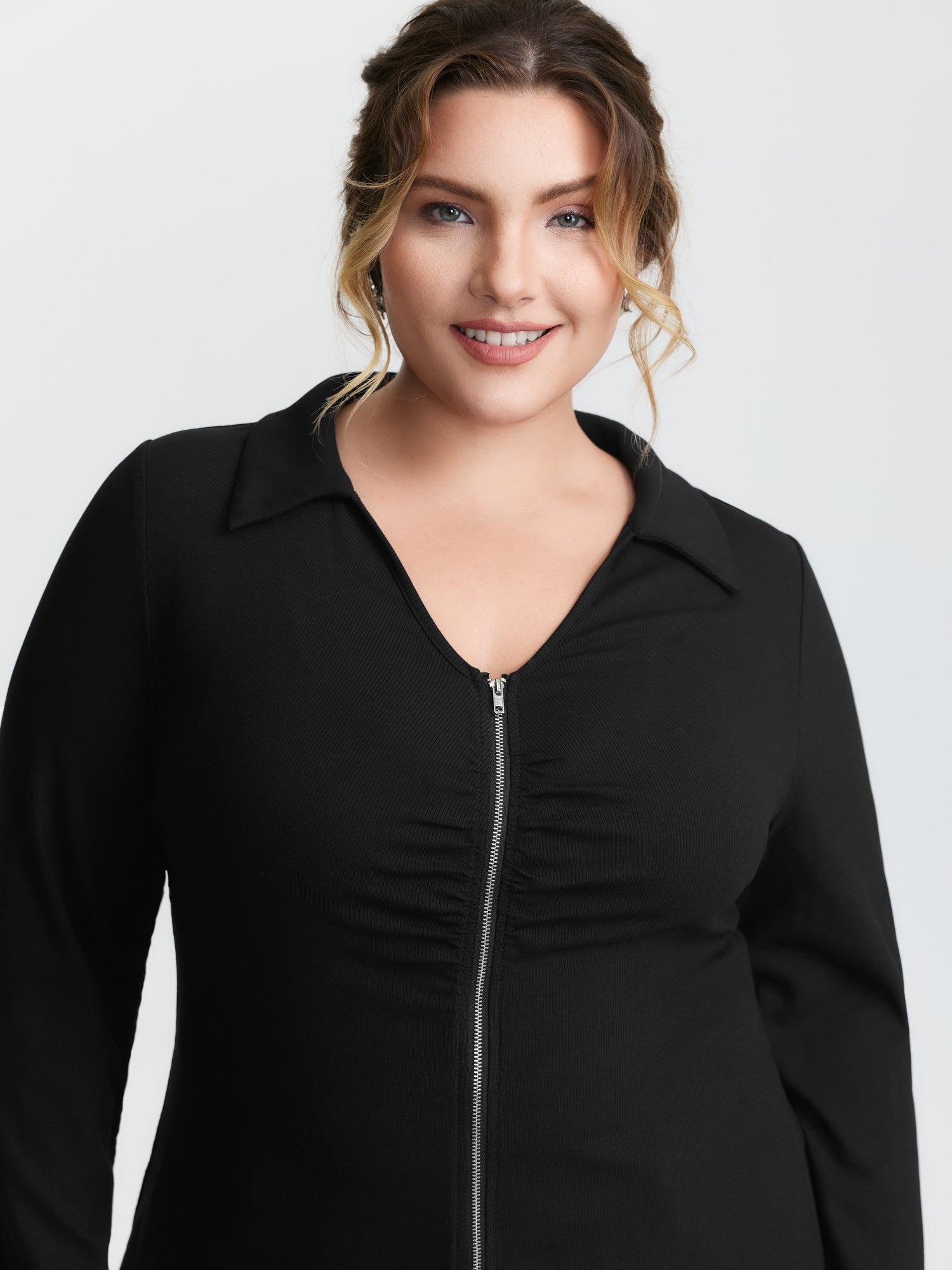 Ribbed Ruched Two-Way Zipper Knit Top