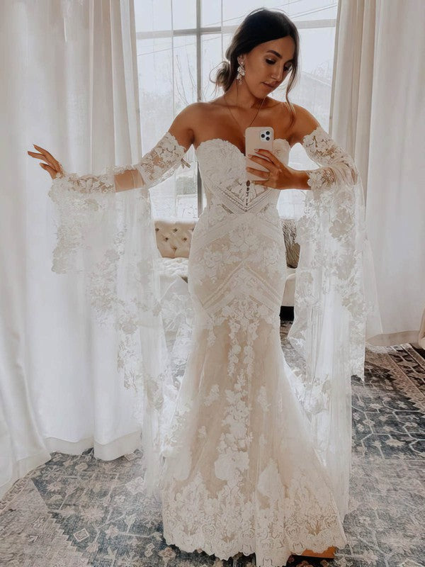 Beautiful Sweetheart Strapless Tulle Mermaid Lace Wedding Dresses with Appliques