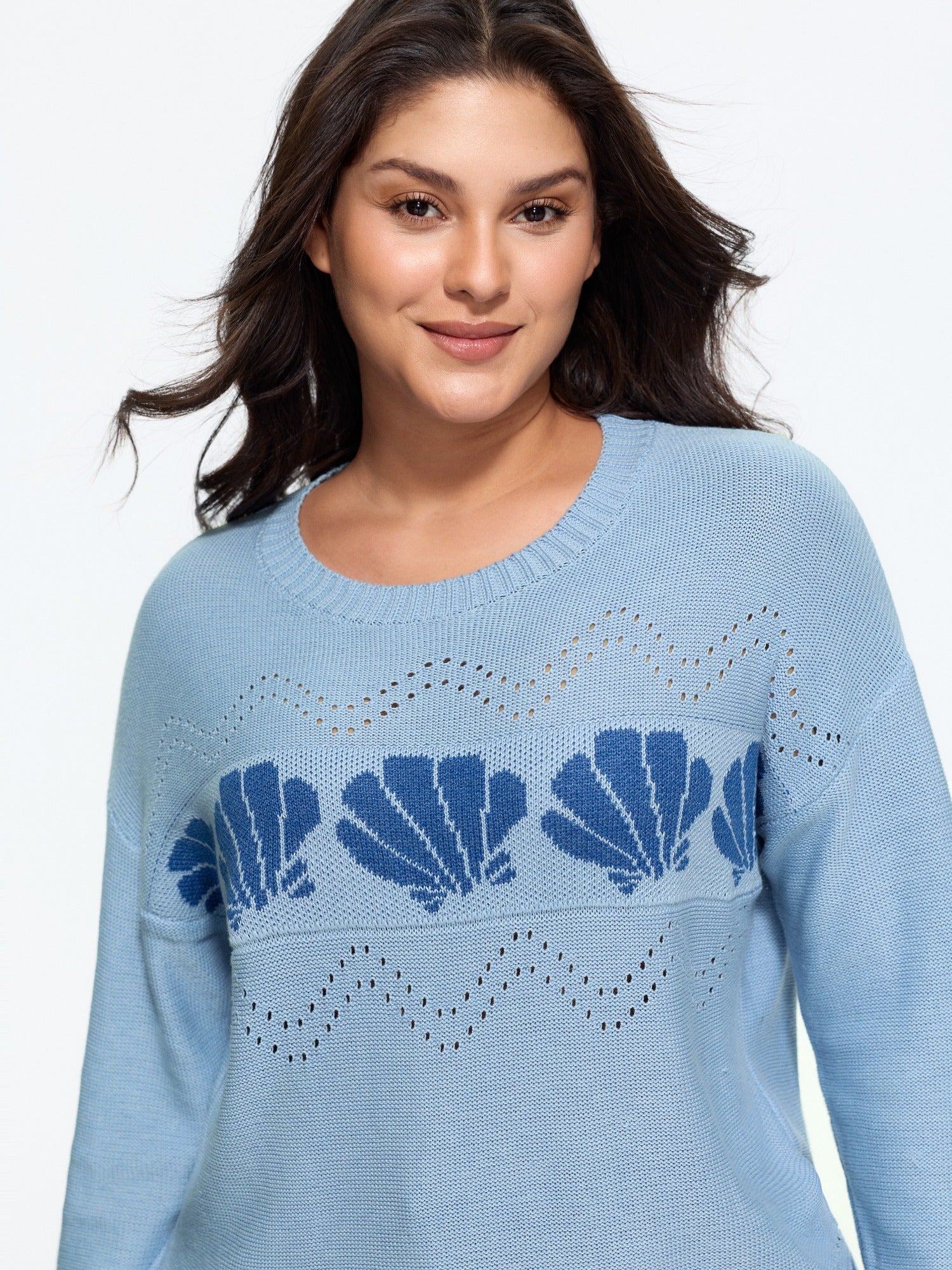 Seashell Wave Jacquard Cut Out Pullover