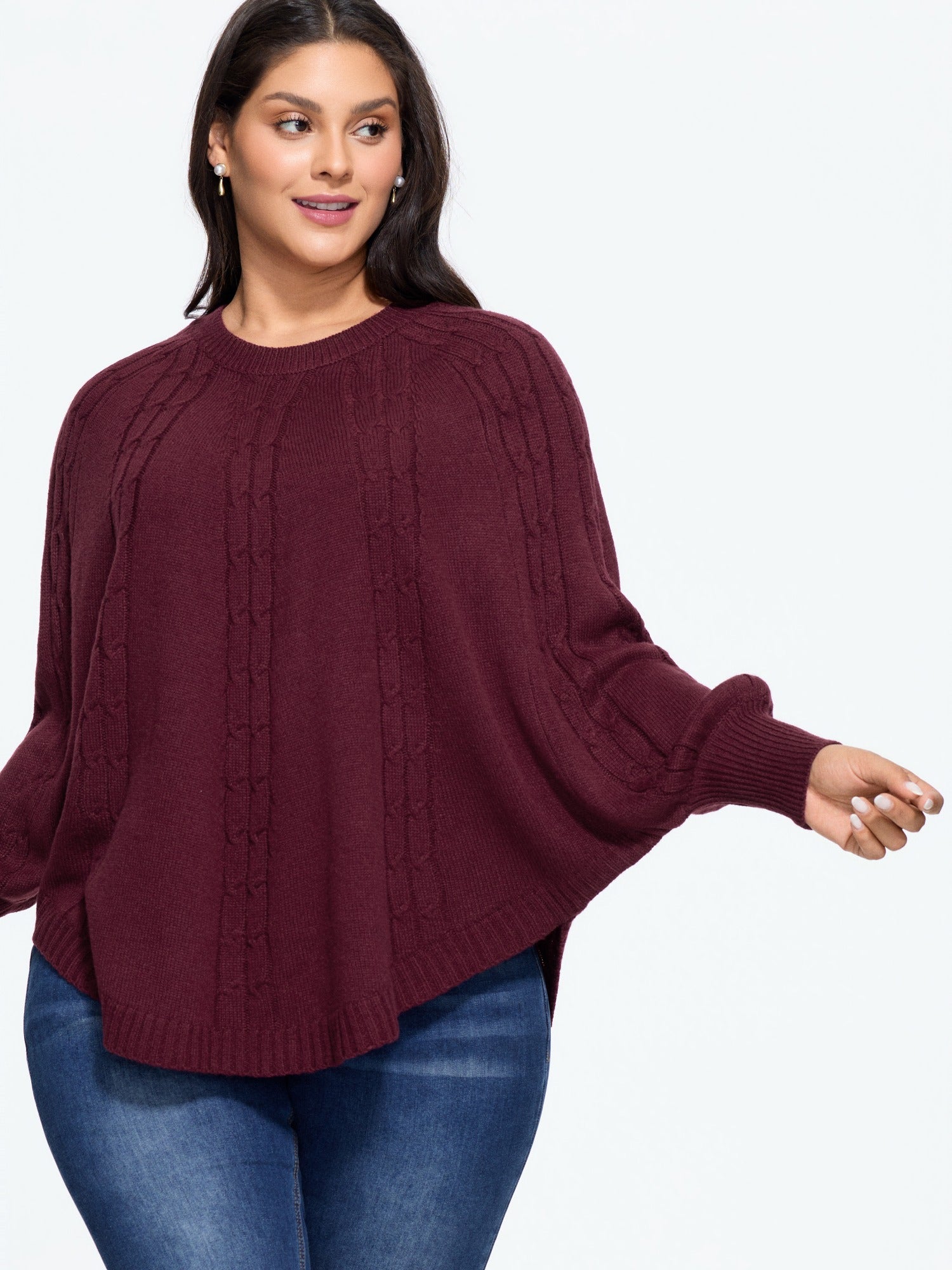 Batwing Sleeve Curved Hem Cable Knit Pullover