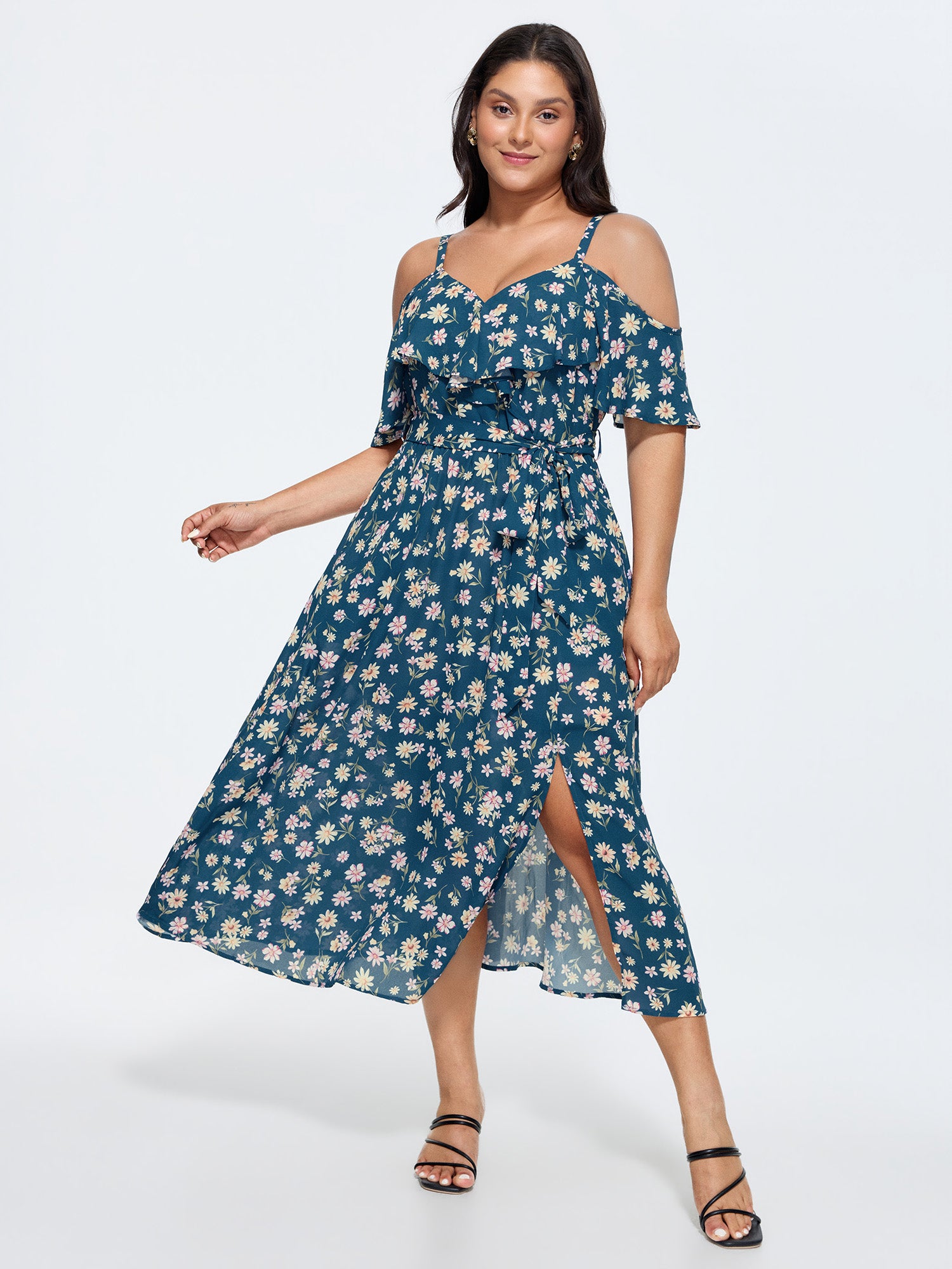 Stretchy Floral Print Cold-Shoulder Maxi Dress