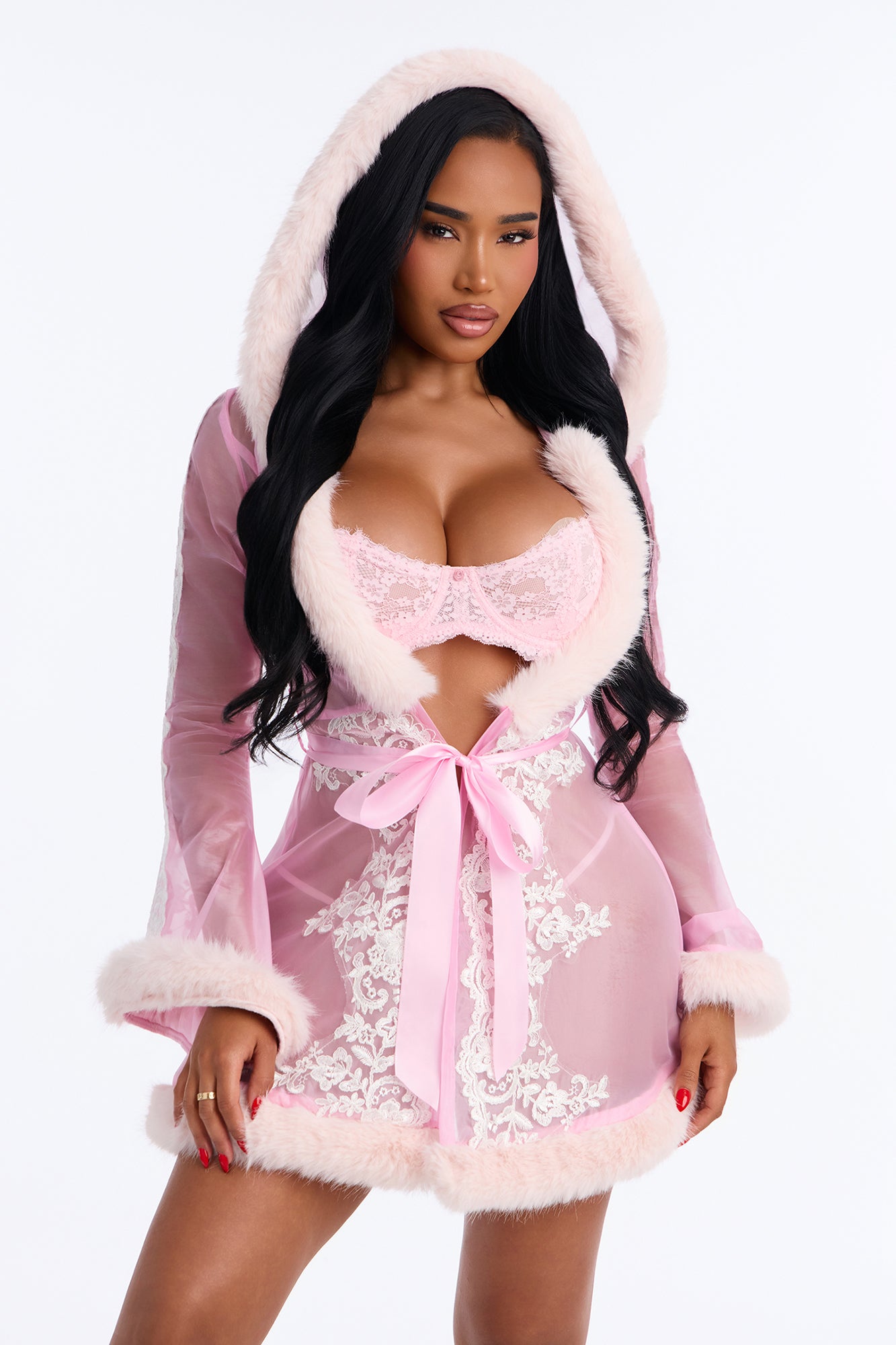 Lily Mesh Embroidered Hooded Marabou Robe - Pink/combo