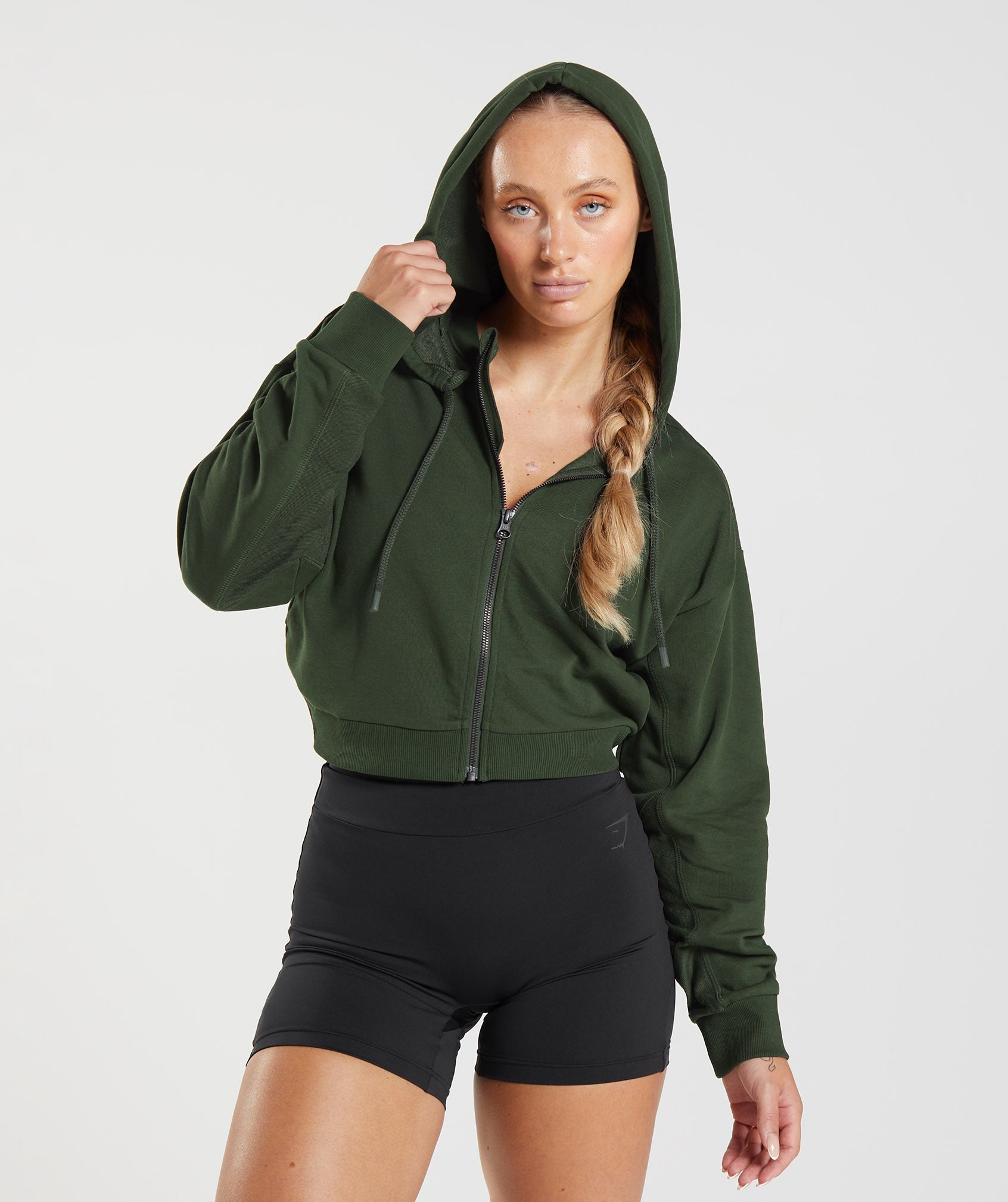 Gymshark GS Power Crop Zip Hoodie - Moss Olive