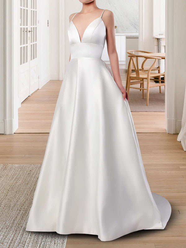 Elegant V-Neck Sleeveless Satin Sweep Train Wedding Dresses