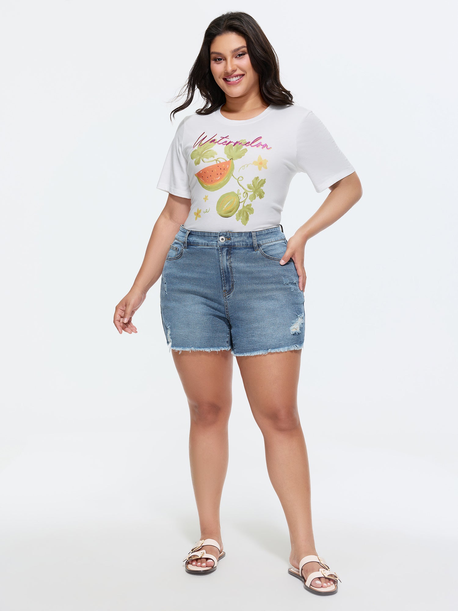 Stretchy Mid-Rise Raw Hem Denim Shorts