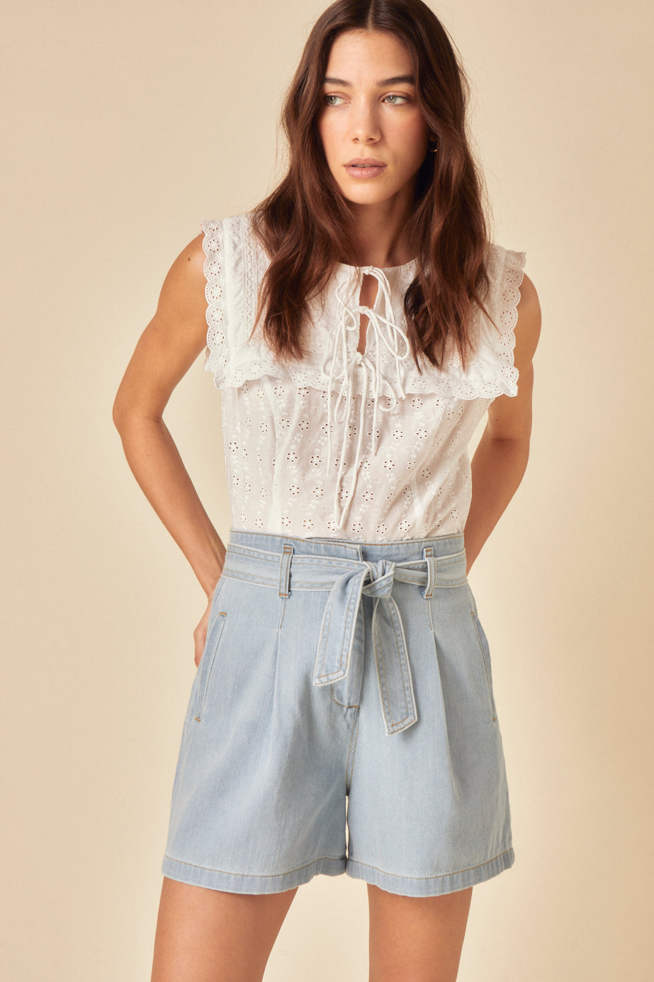 Light Denim Tie Front Shorts